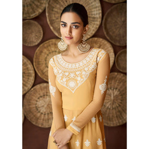 Mustard Yellow Party Wear Heavy Embroidered Georgette Gown - Peachmode