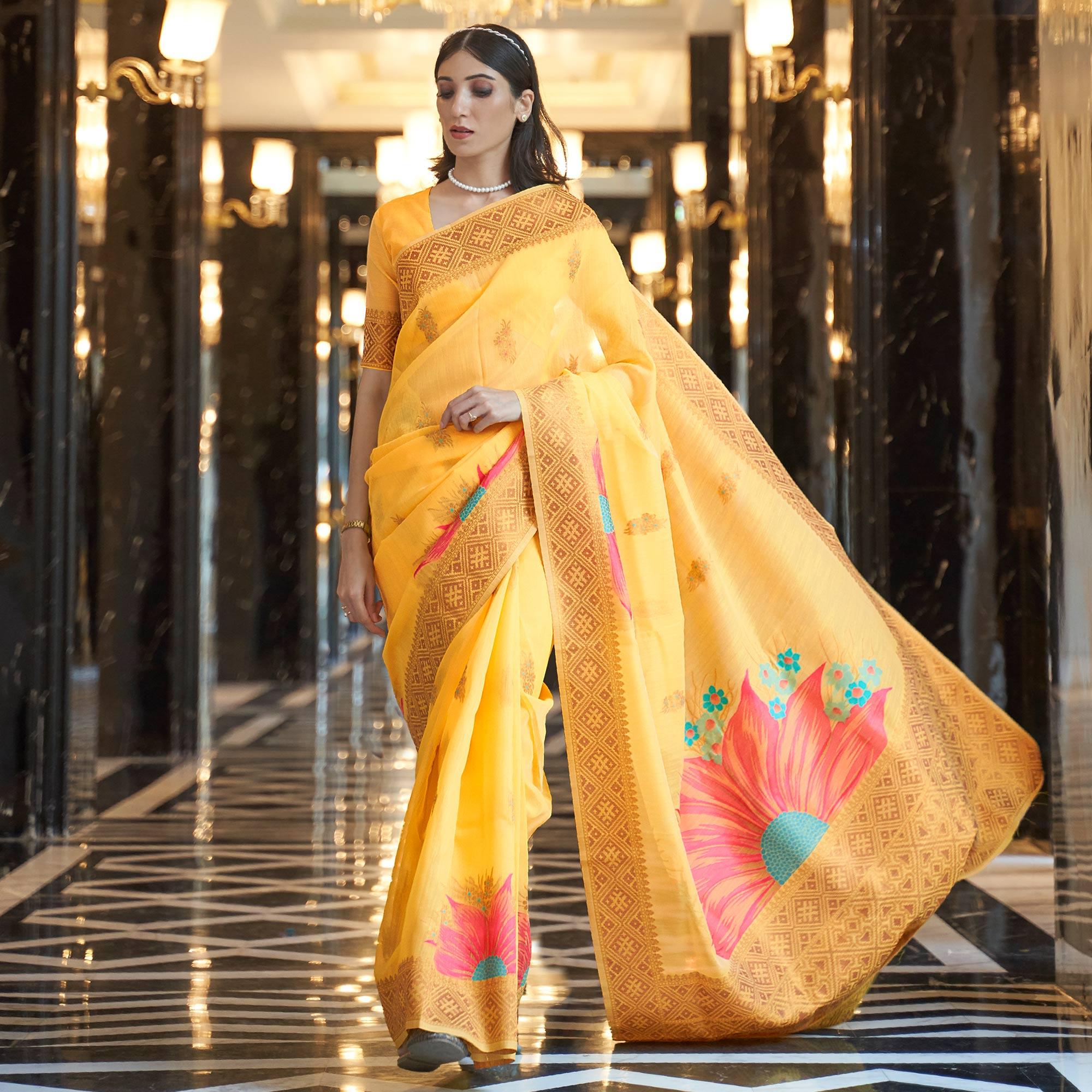 Mustard Yellow Party Wear Woven Pure Linen Saree - Peachmode