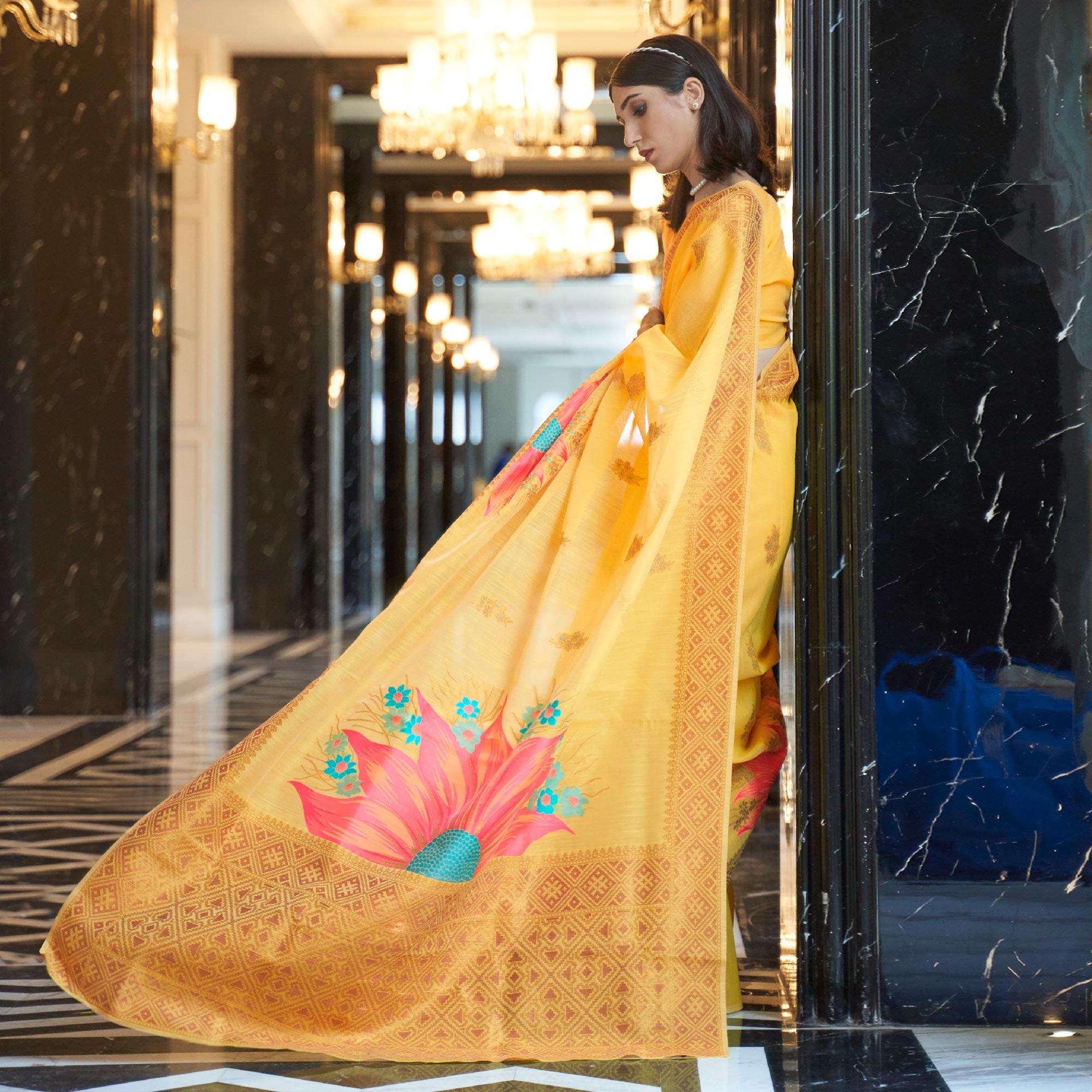 Mustard Yellow Party Wear Woven Pure Linen Saree - Peachmode