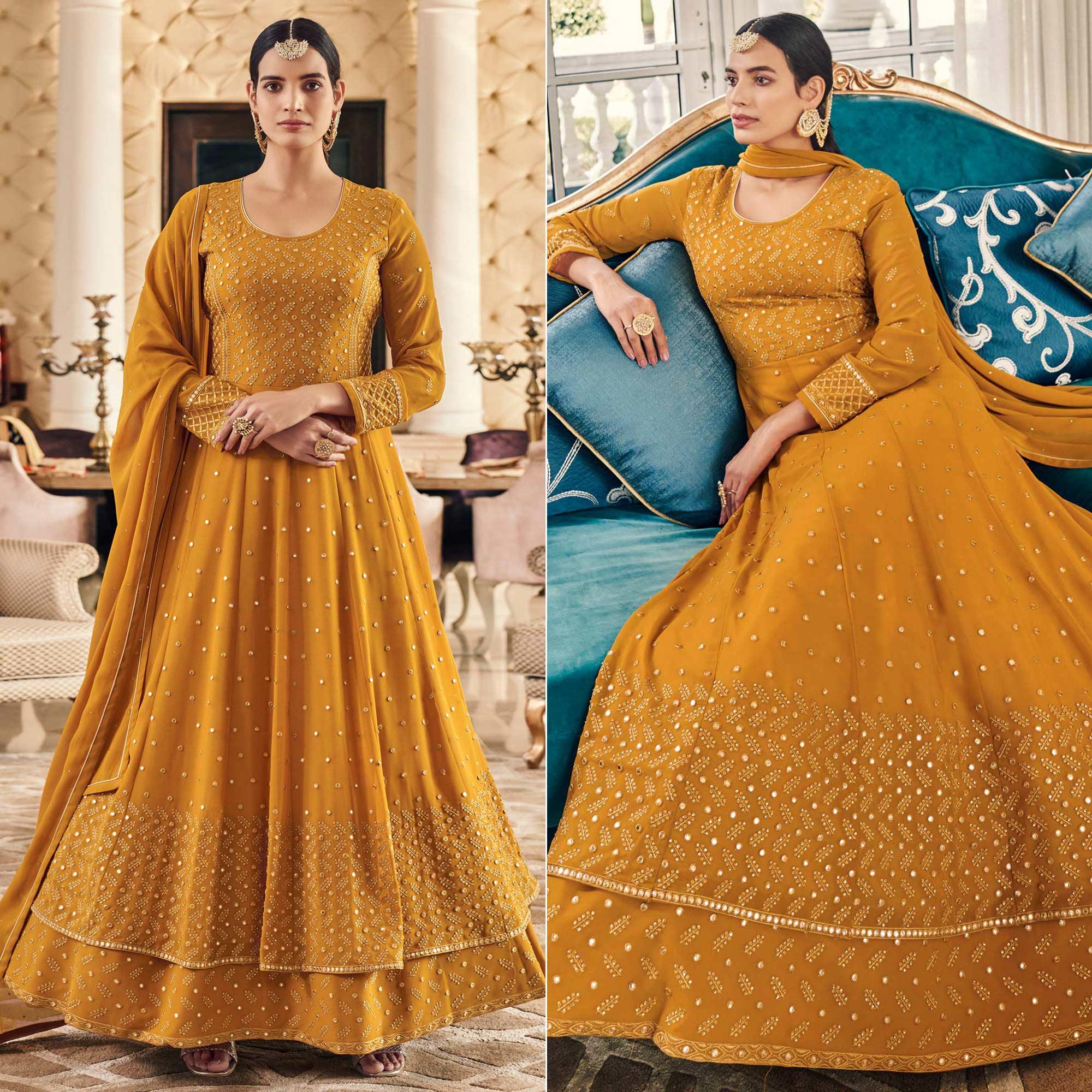 Mustard-Yellow Partywear Embroidered Georgette Anarkali Suit - Peachmode
