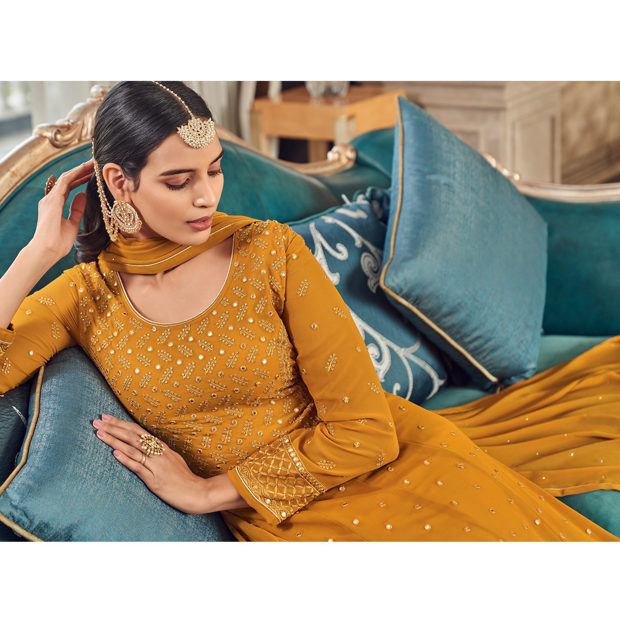 Mustard-Yellow Partywear Embroidered Georgette Anarkali Suit