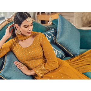 Mustard-Yellow Partywear Embroidered Georgette Anarkali Suit - Peachmode