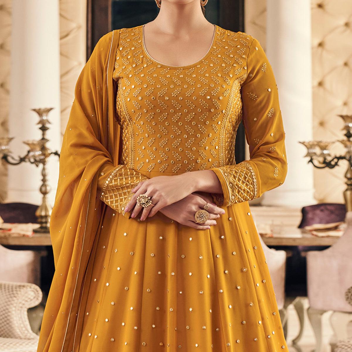 Mustard-Yellow Partywear Embroidered Georgette Anarkali Suit - Peachmode