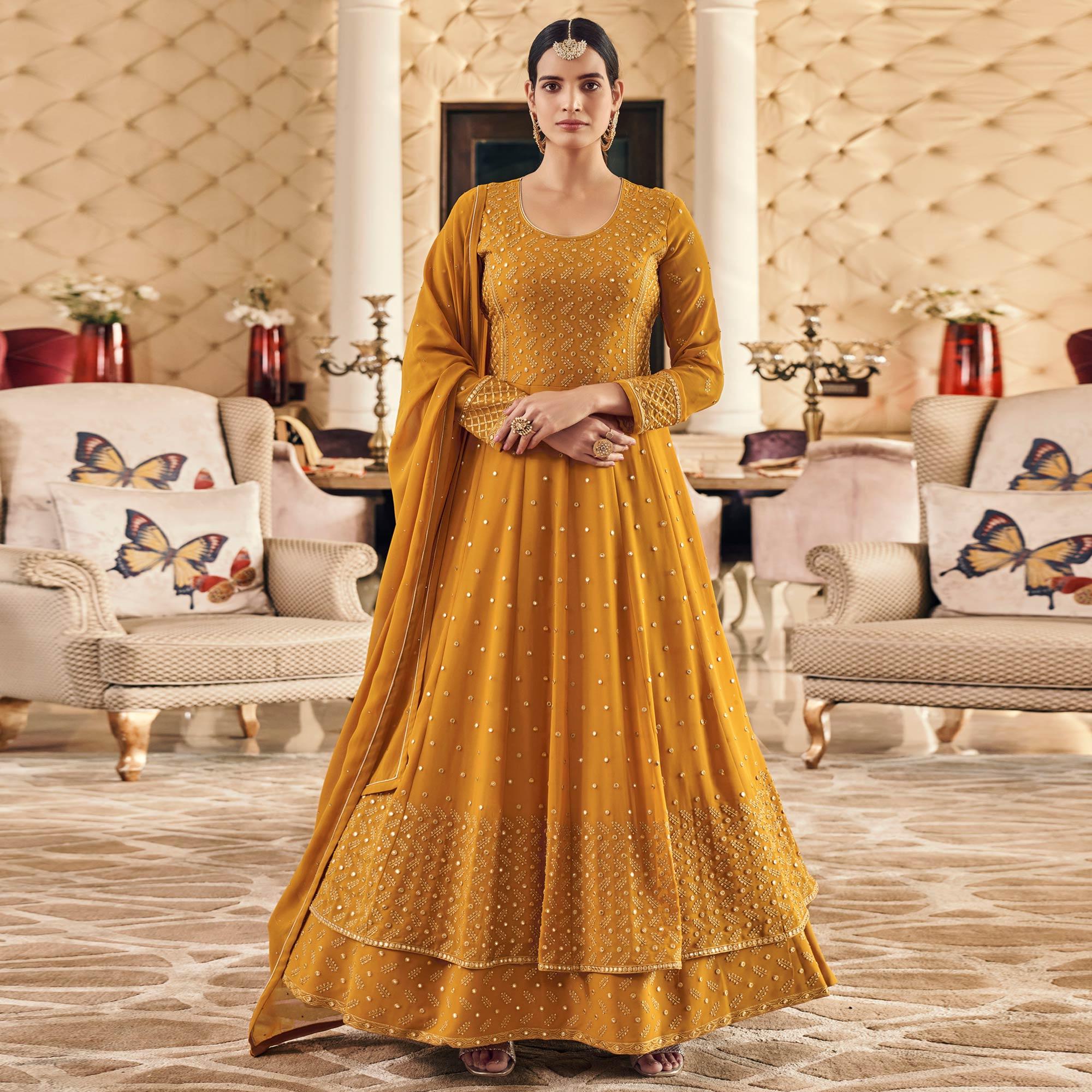 Mustard-Yellow Partywear Embroidered Georgette Anarkali Suit - Peachmode