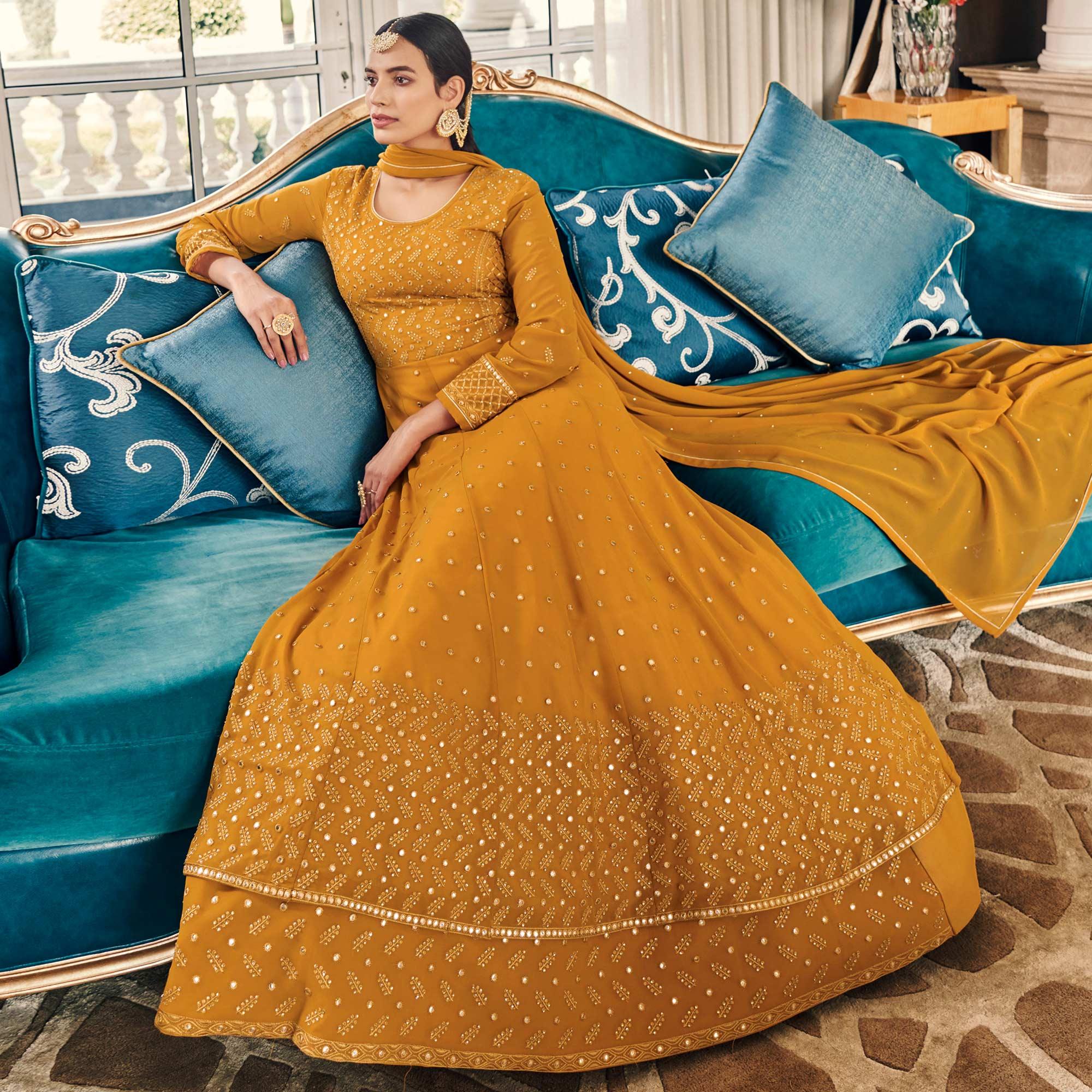 Mustard-Yellow Partywear Embroidered Georgette Anarkali Suit - Peachmode