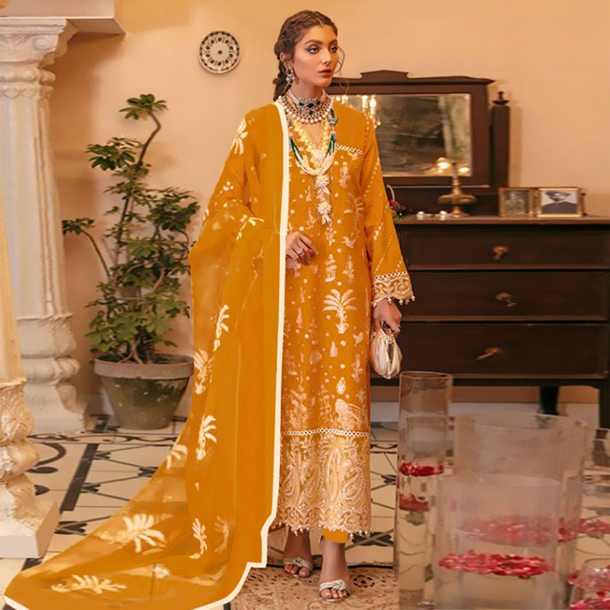 Mustard Yellow Partywear Embroidered Heavy Georgette Pakistani Suit - Peachmode