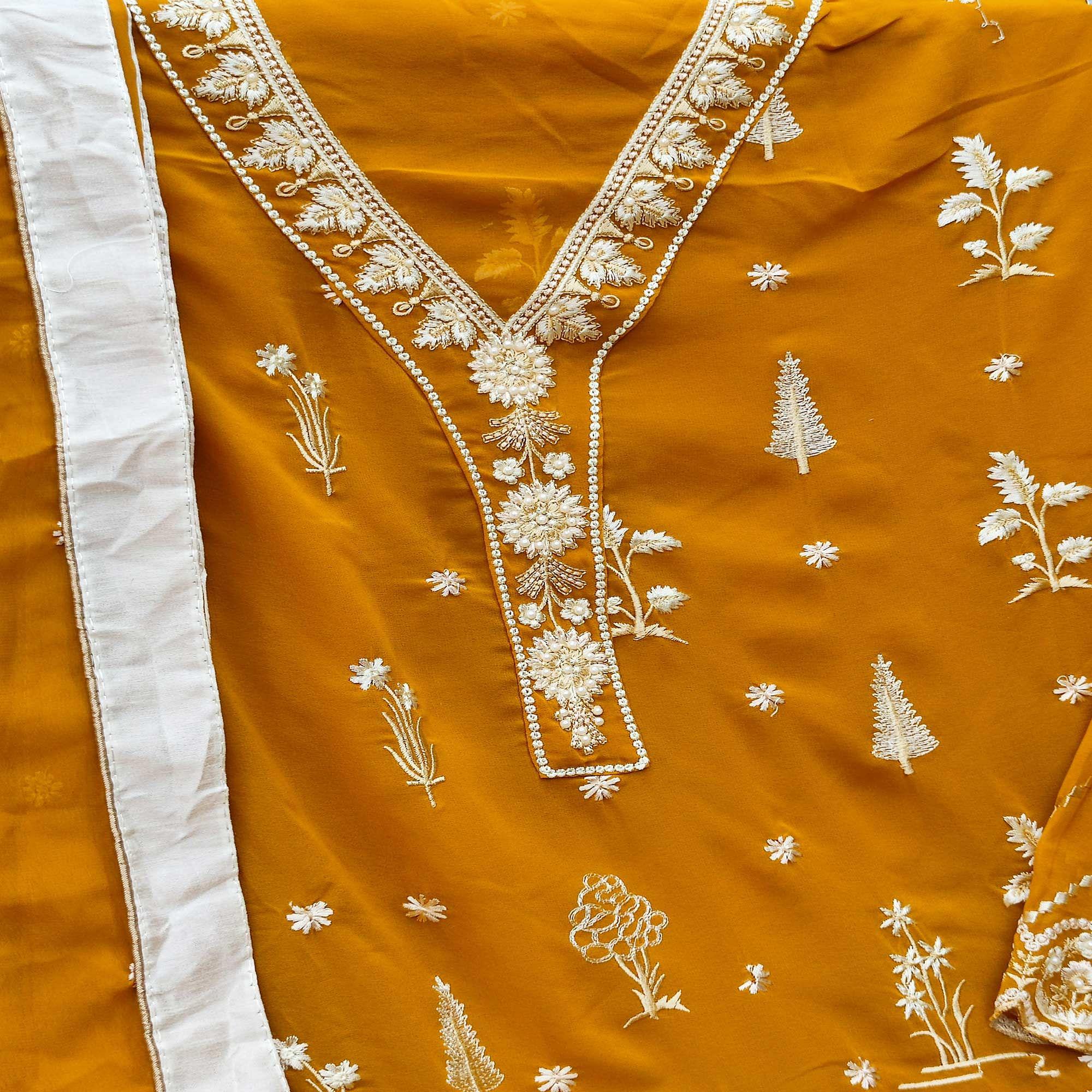 Mustard Yellow Partywear Embroidered Heavy Georgette Pakistani Suit - Peachmode