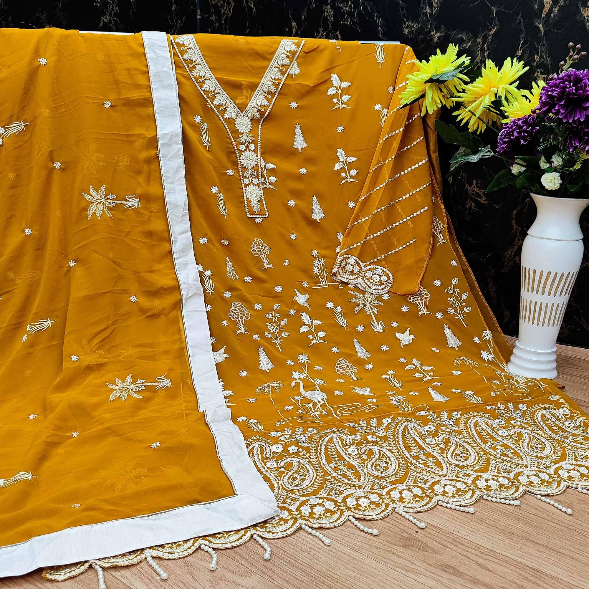 Mustard Yellow Partywear Embroidered Heavy Georgette Pakistani Suit - Peachmode