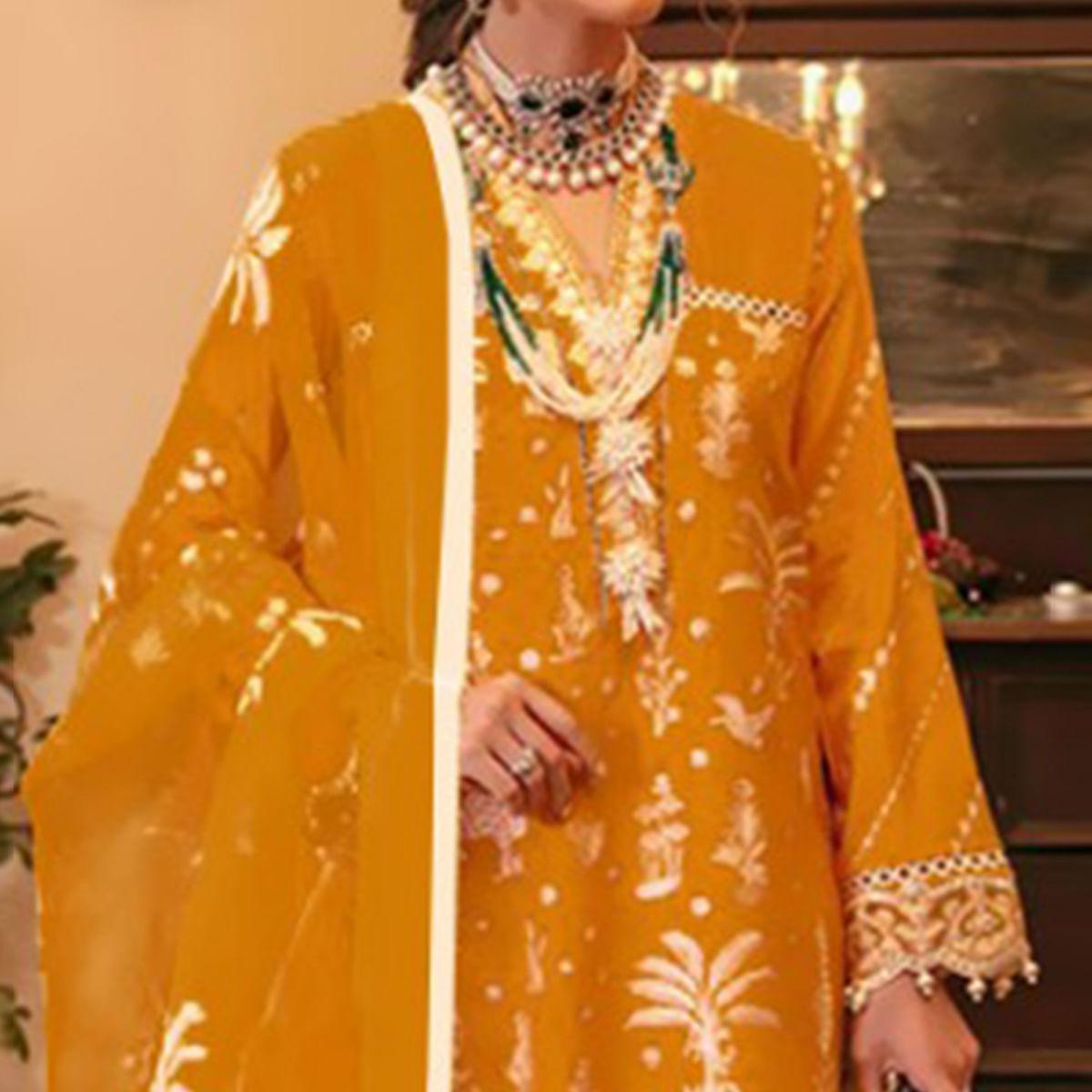 Mustard Yellow Partywear Embroidered Heavy Georgette Pakistani Suit - Peachmode