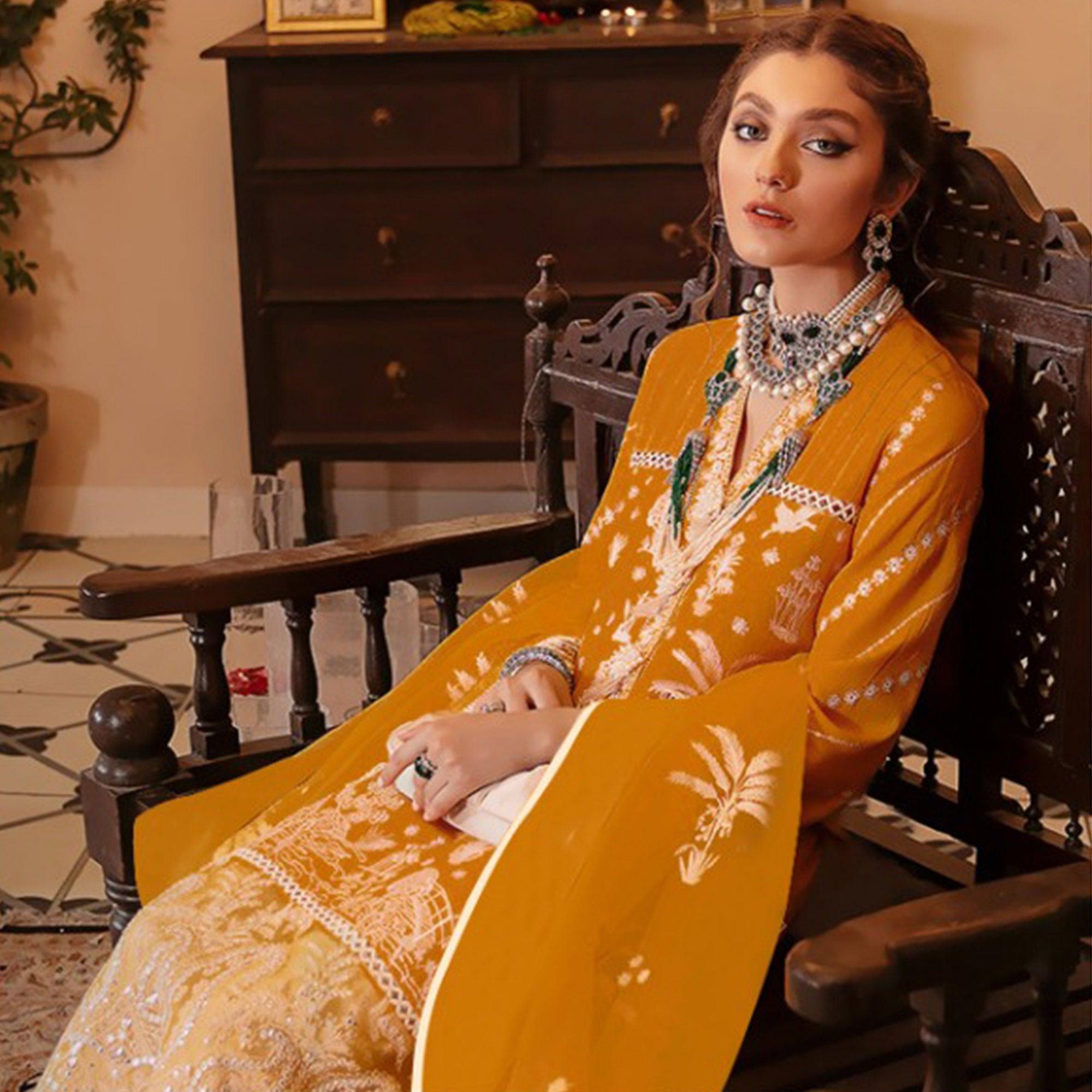 Mustard Yellow Partywear Embroidered Heavy Georgette Pakistani Suit - Peachmode