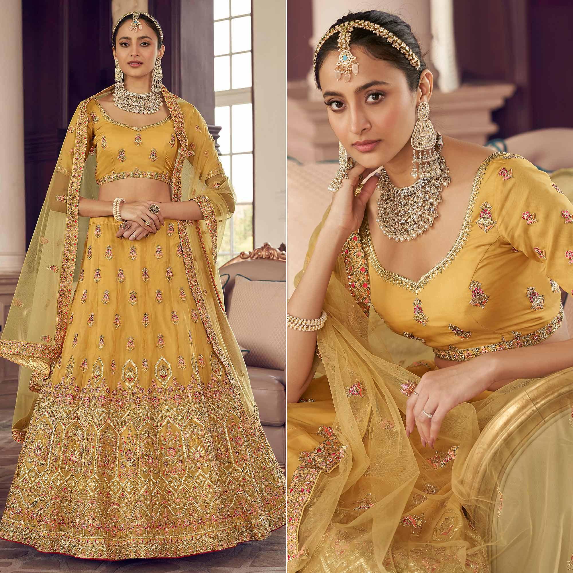 Mustard-Yellow Partywear Embroidered Organza Lehenga Choli - Peachmode