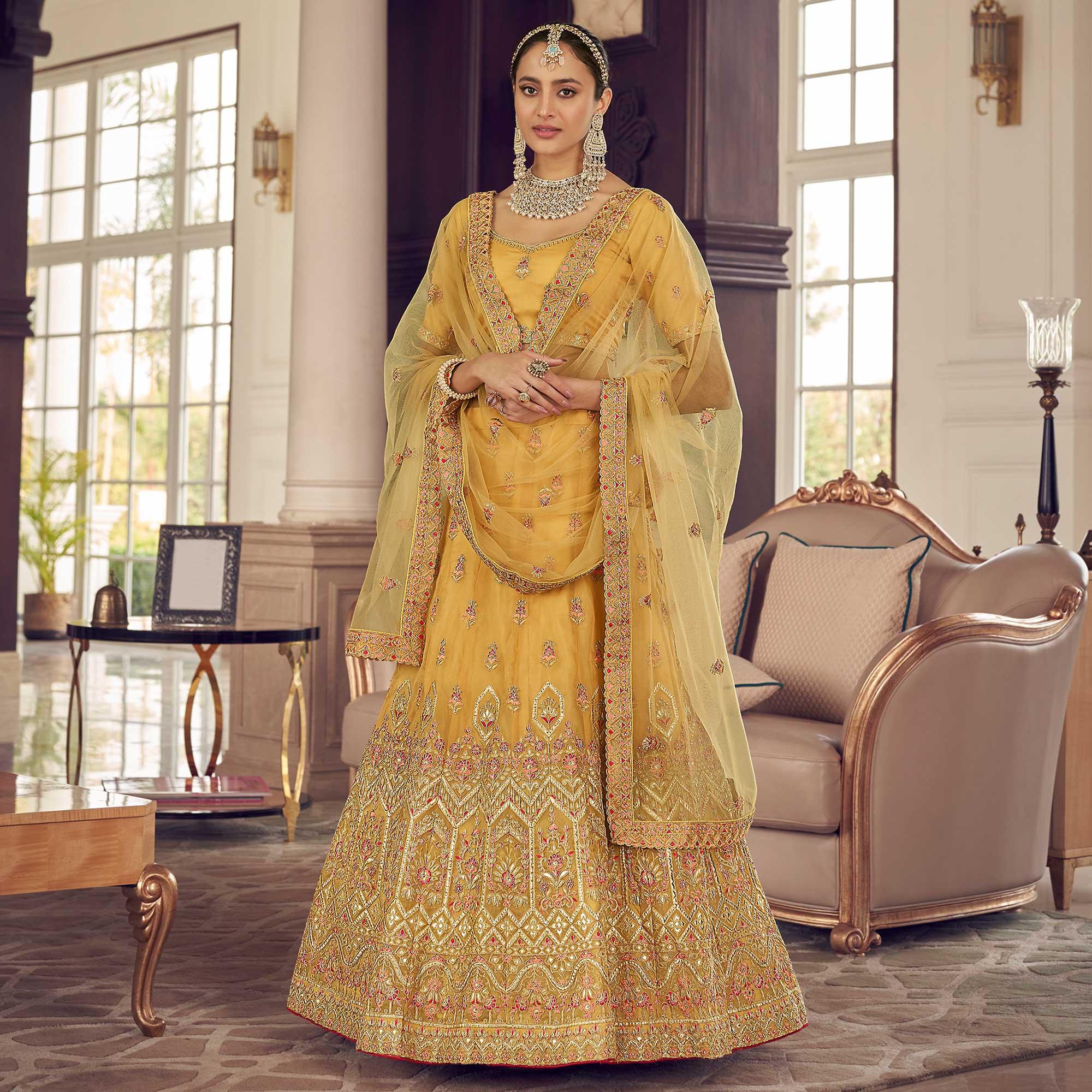 Mustard-Yellow Partywear Embroidered Organza Lehenga Choli - Peachmode