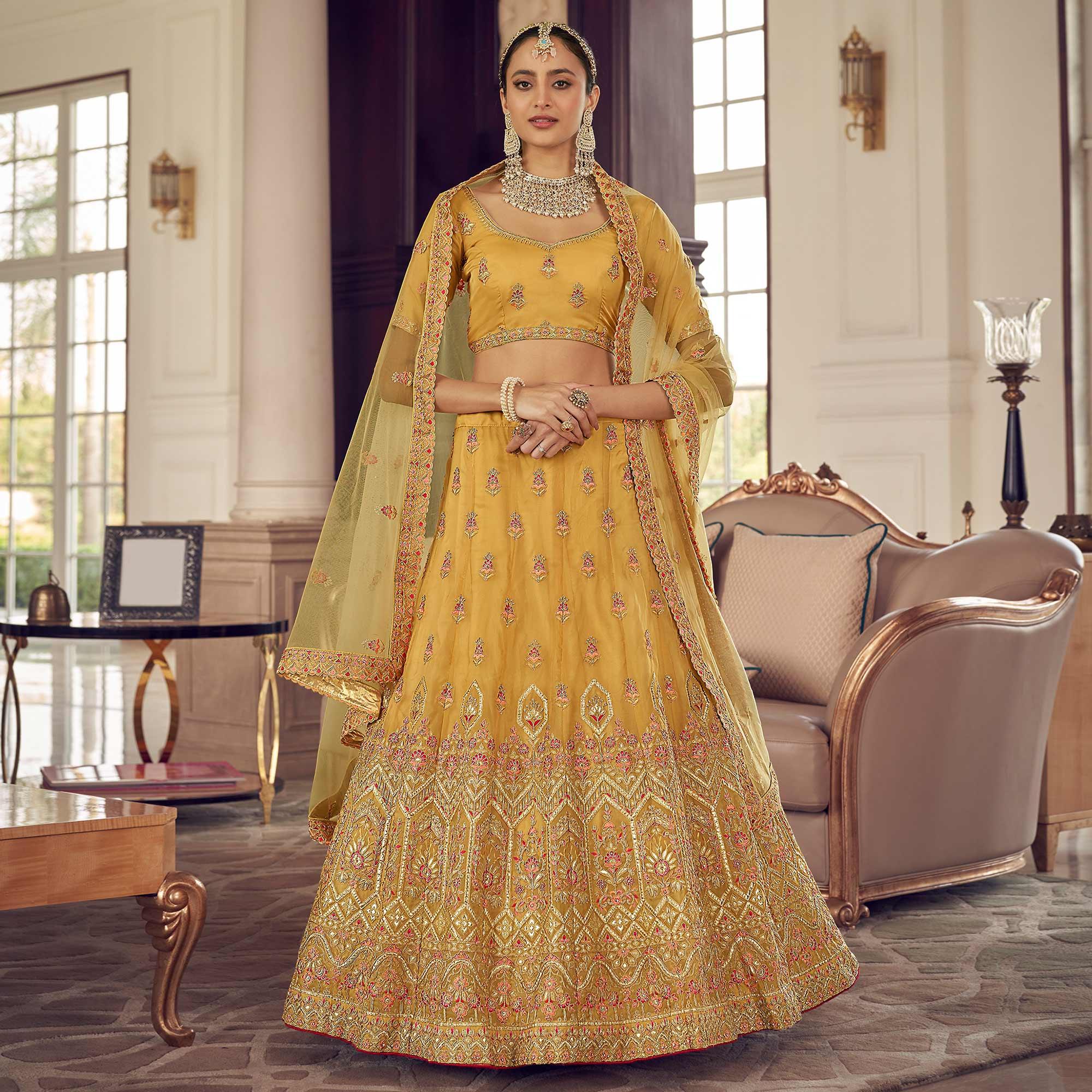 Mustard-Yellow Partywear Embroidered Organza Lehenga Choli - Peachmode