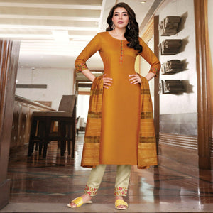 Mustard Yellow Partywear Heavy Embroidered Bemberg Silk Suit - Peachmode