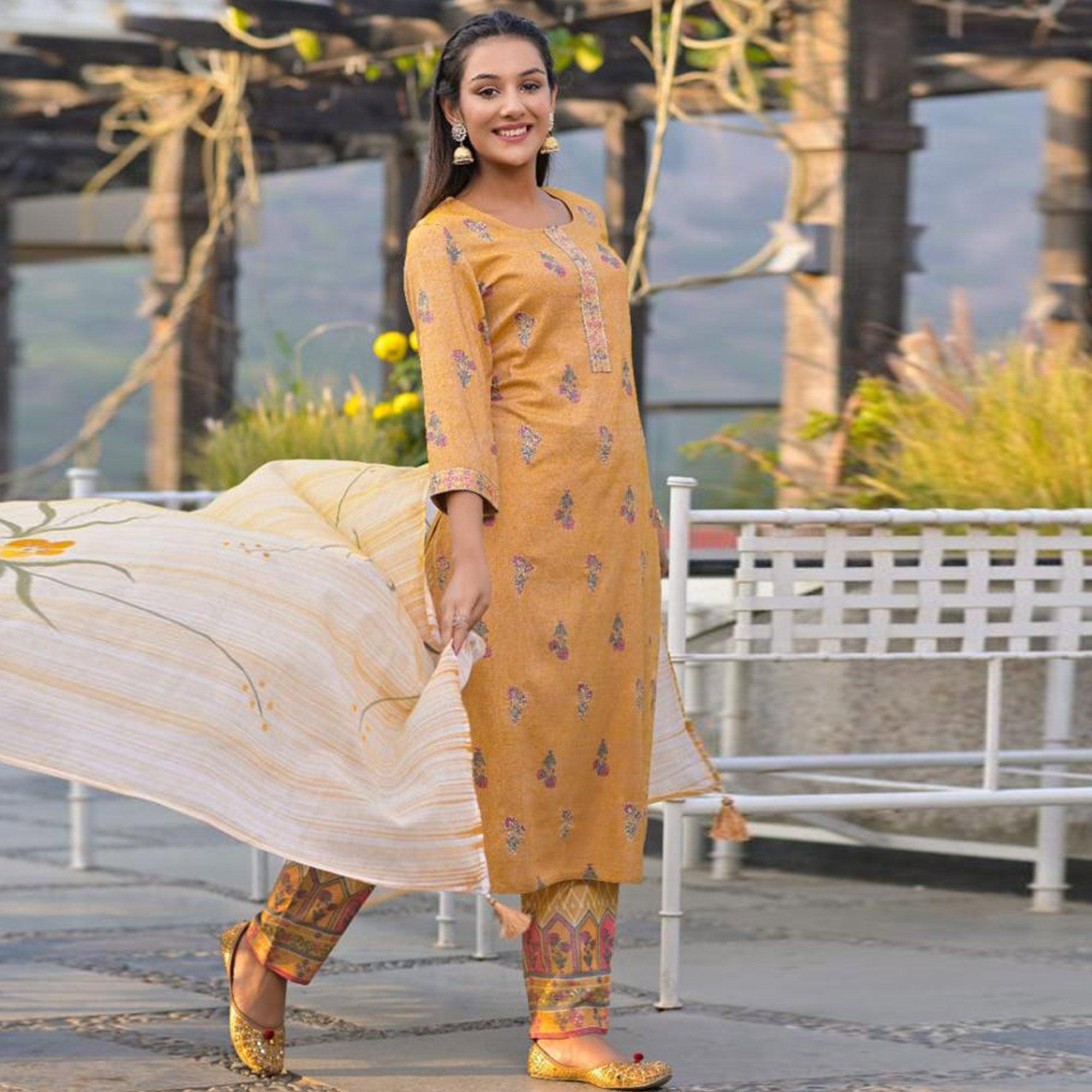 Mustard Yellow Partywear Sequence Embroidered Cotton Kurti Pant Set With Dupatta - Peachmode