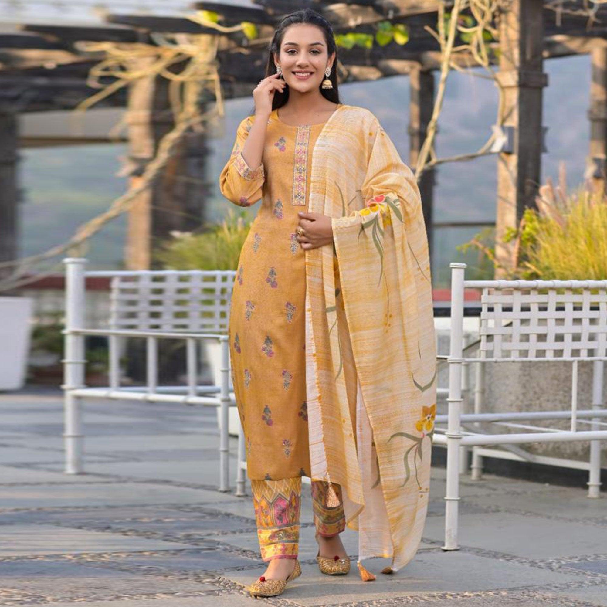 Mustard Yellow Partywear Sequence Embroidered Cotton Kurti Pant Set With Dupatta - Peachmode