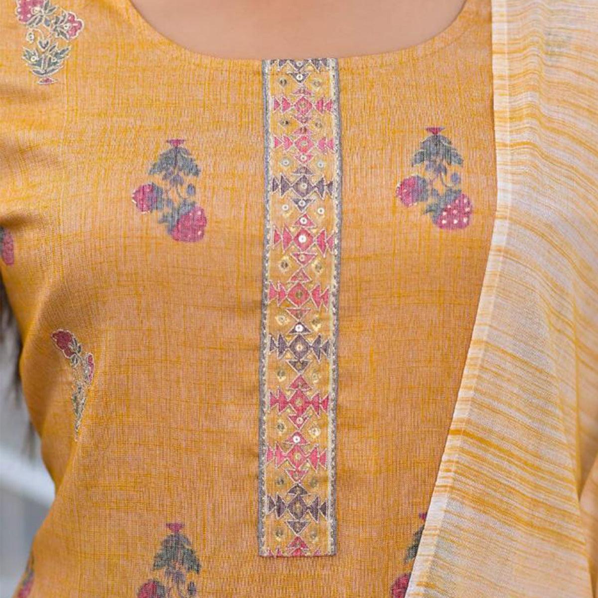 Mustard Yellow Partywear Sequence Embroidered Cotton Kurti Pant Set With Dupatta - Peachmode