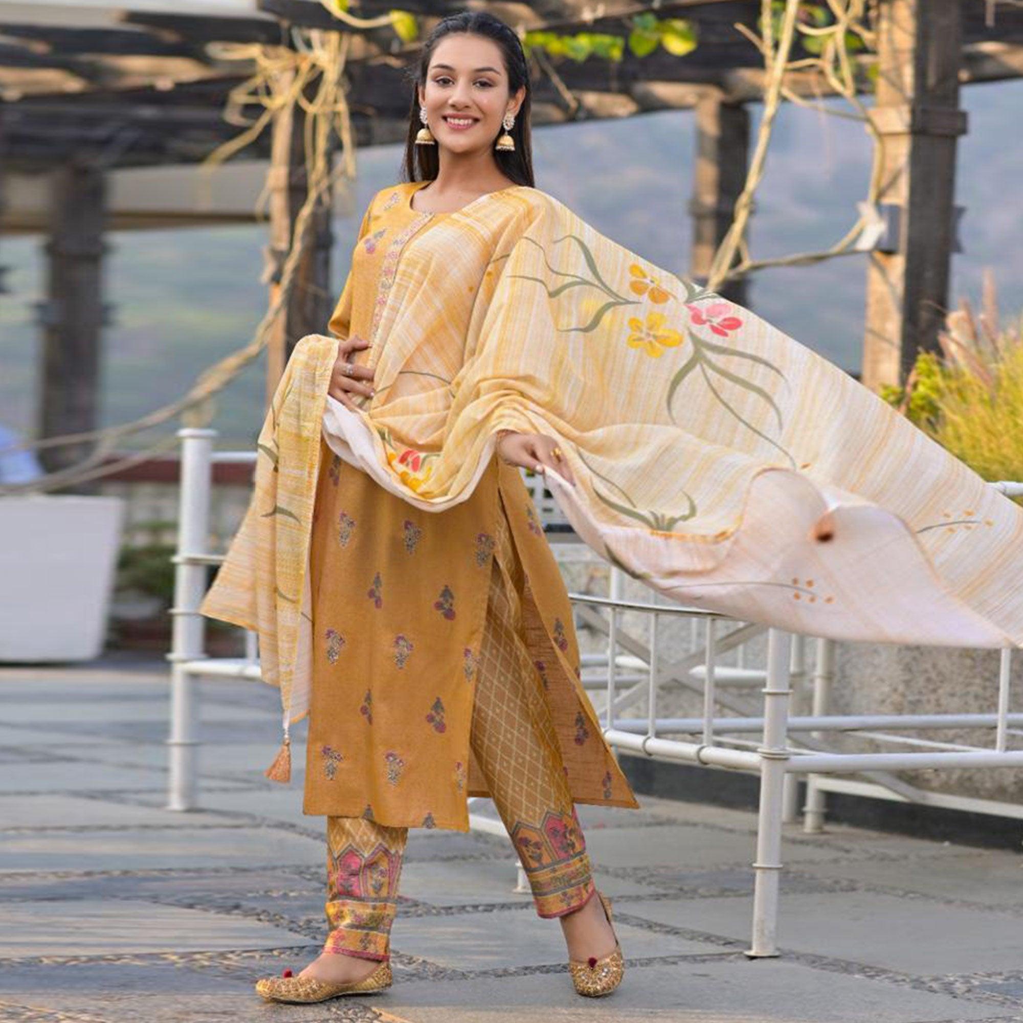 Mustard Yellow Partywear Sequence Embroidered Cotton Kurti Pant Set With Dupatta - Peachmode
