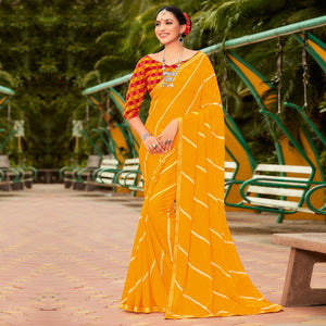 Mustard Yellow Partywear Stripes Printed Chiffon Saree With Border - Peachmode