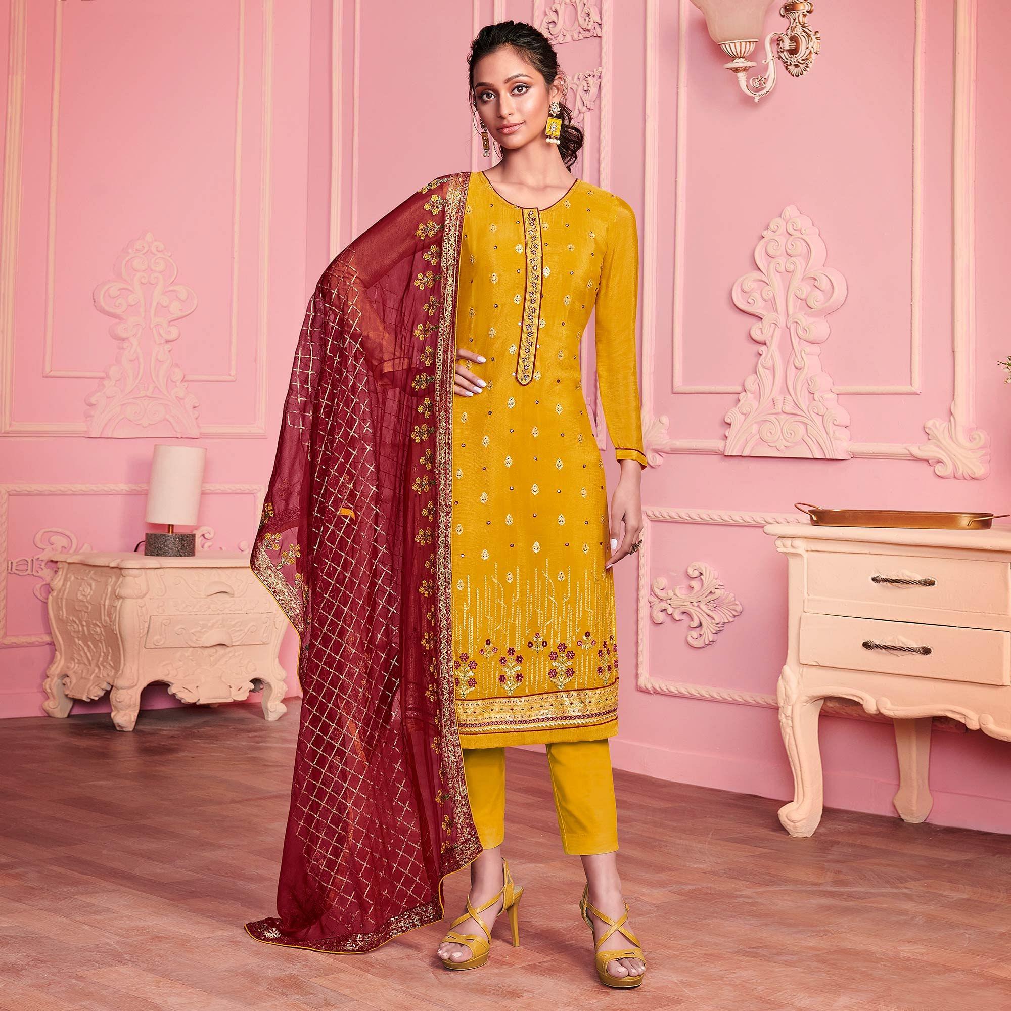 Mustard Yellow Partywear Thread Embroidered Alizeh Georgette Suit - Peachmode