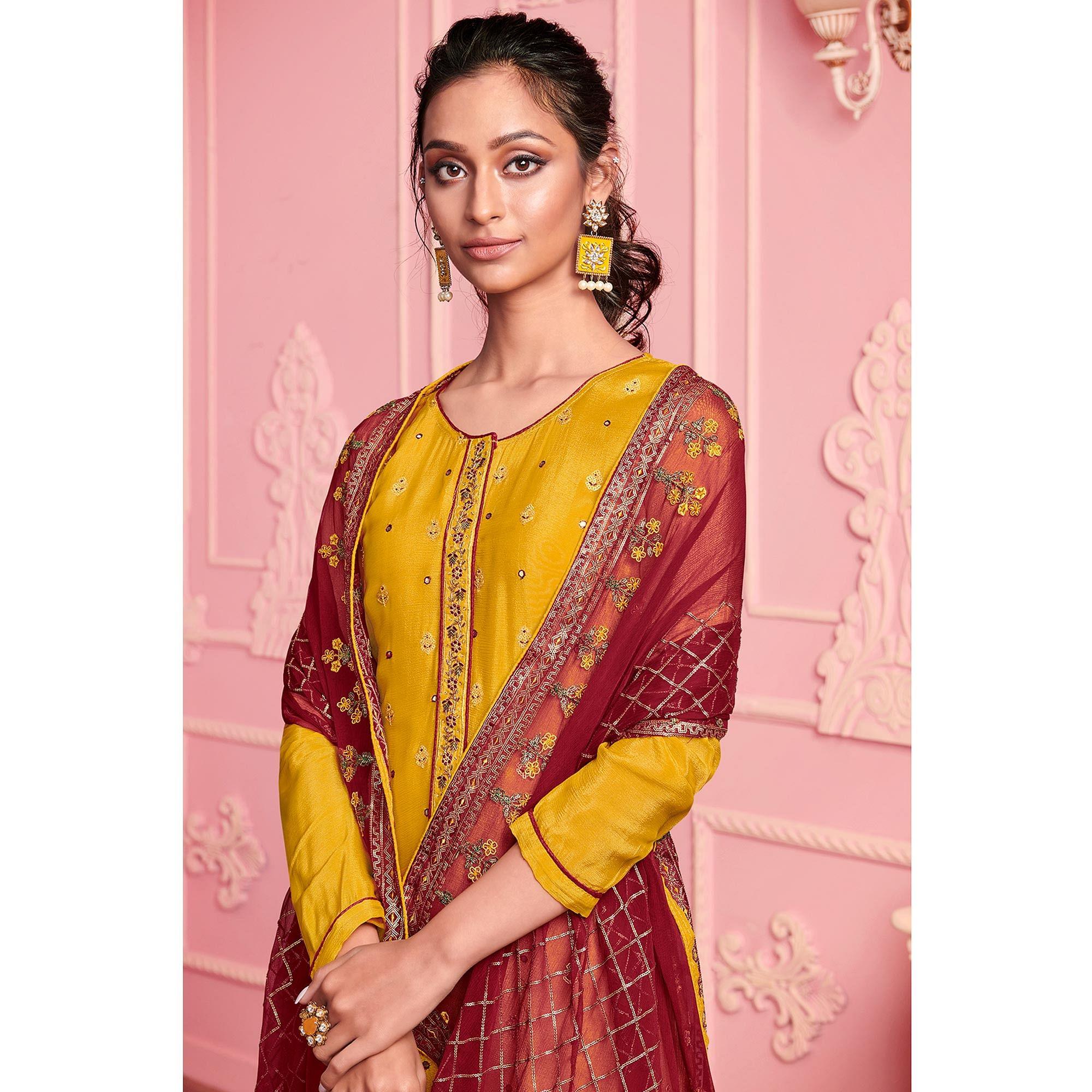 Mustard Yellow Partywear Thread Embroidered Alizeh Georgette Suit - Peachmode