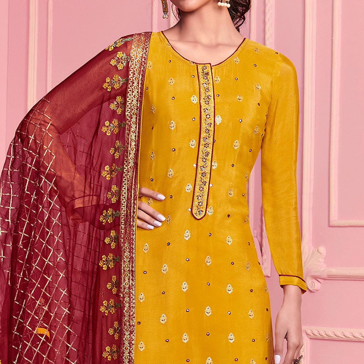 Mustard Yellow Partywear Thread Embroidered Alizeh Georgette Suit - Peachmode