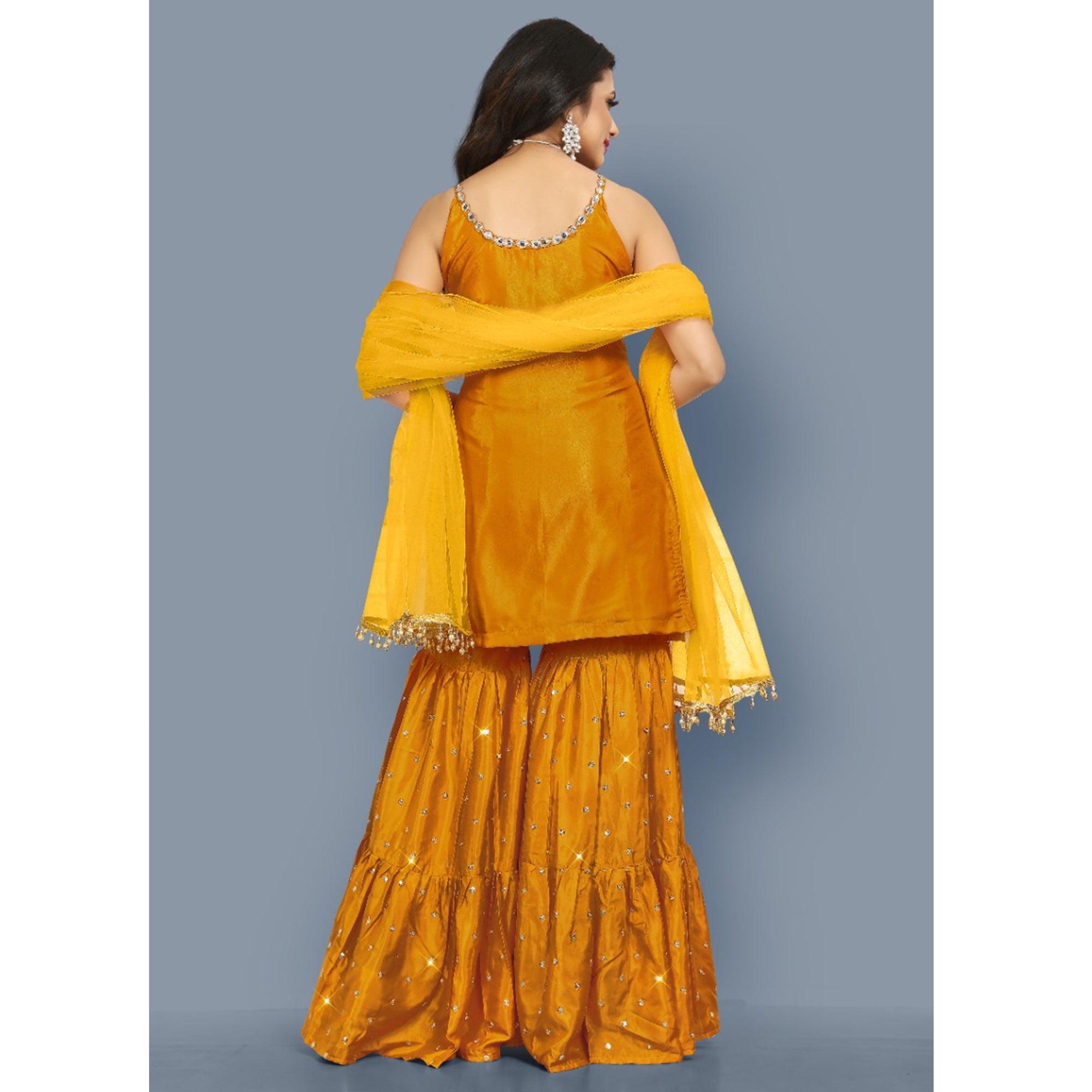 Mustard-Yellow Partywear Zari Embroidery With Mirror Silk Sharara Suit - Peachmode