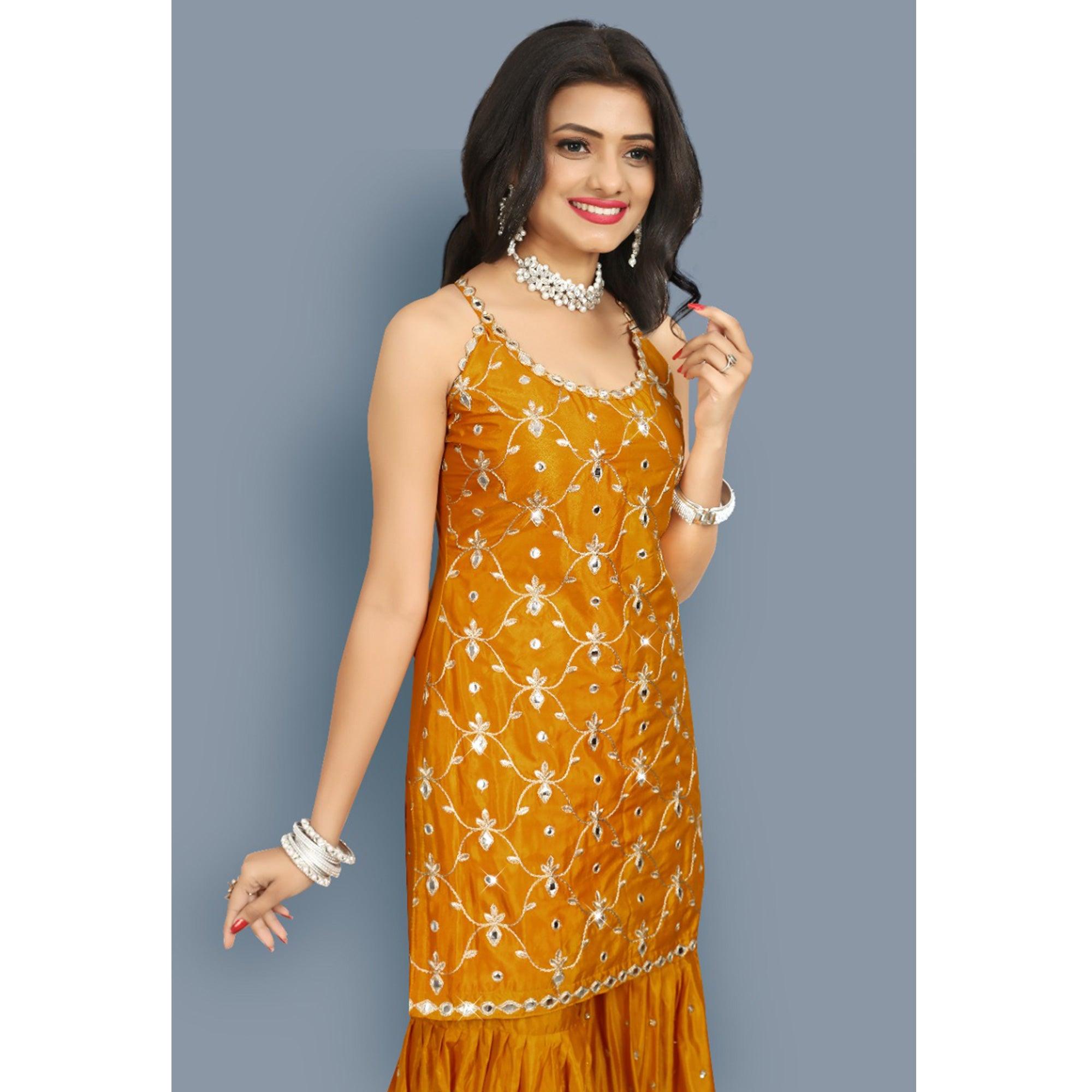 Mustard-Yellow Partywear Zari Embroidery With Mirror Silk Sharara Suit - Peachmode