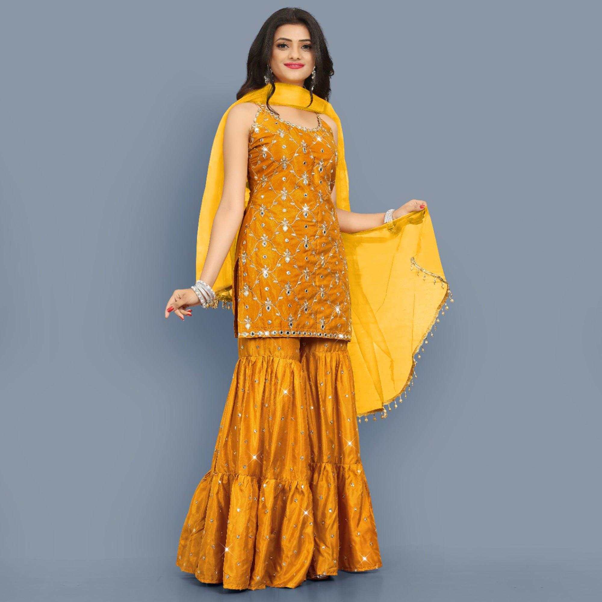 Mustard-Yellow Partywear Zari Embroidery With Mirror Silk Sharara Suit - Peachmode