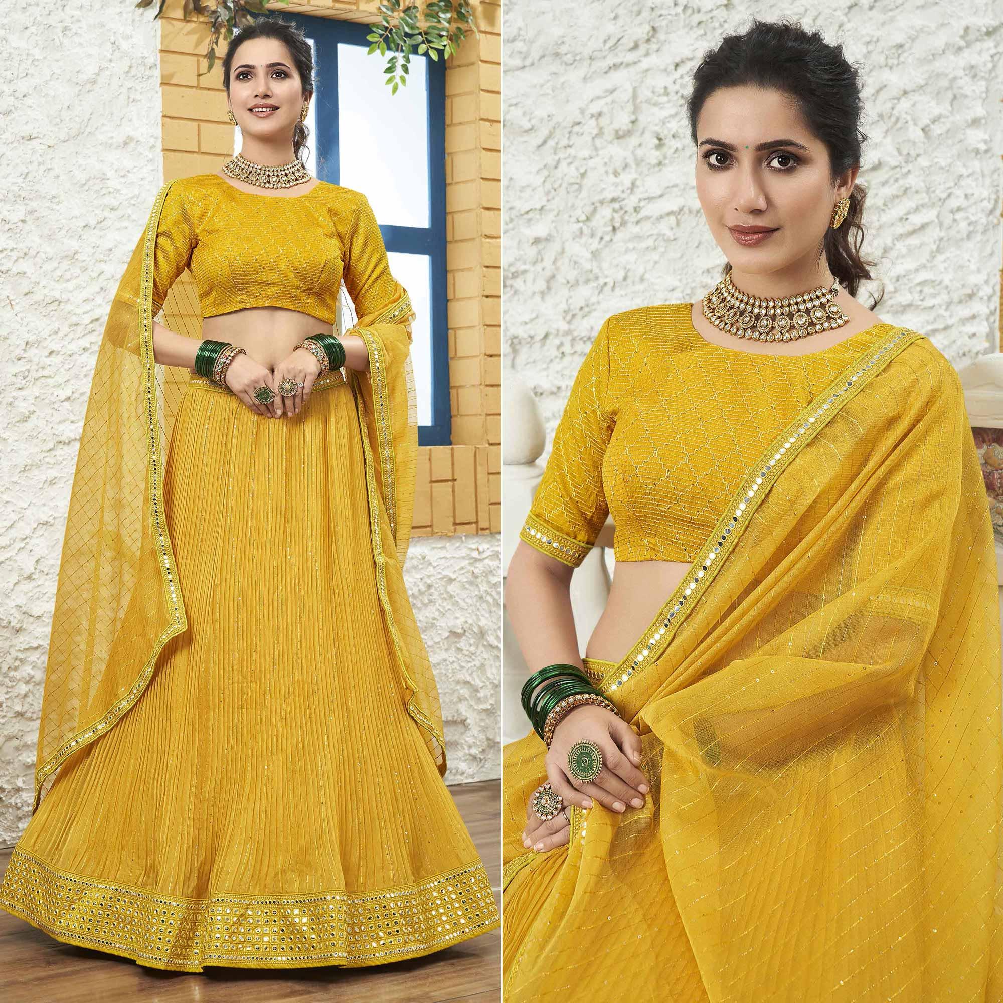 Mustard-Yellow Partywear Zari Sequence Embroidered Organza Lehenga Choli - Peachmode