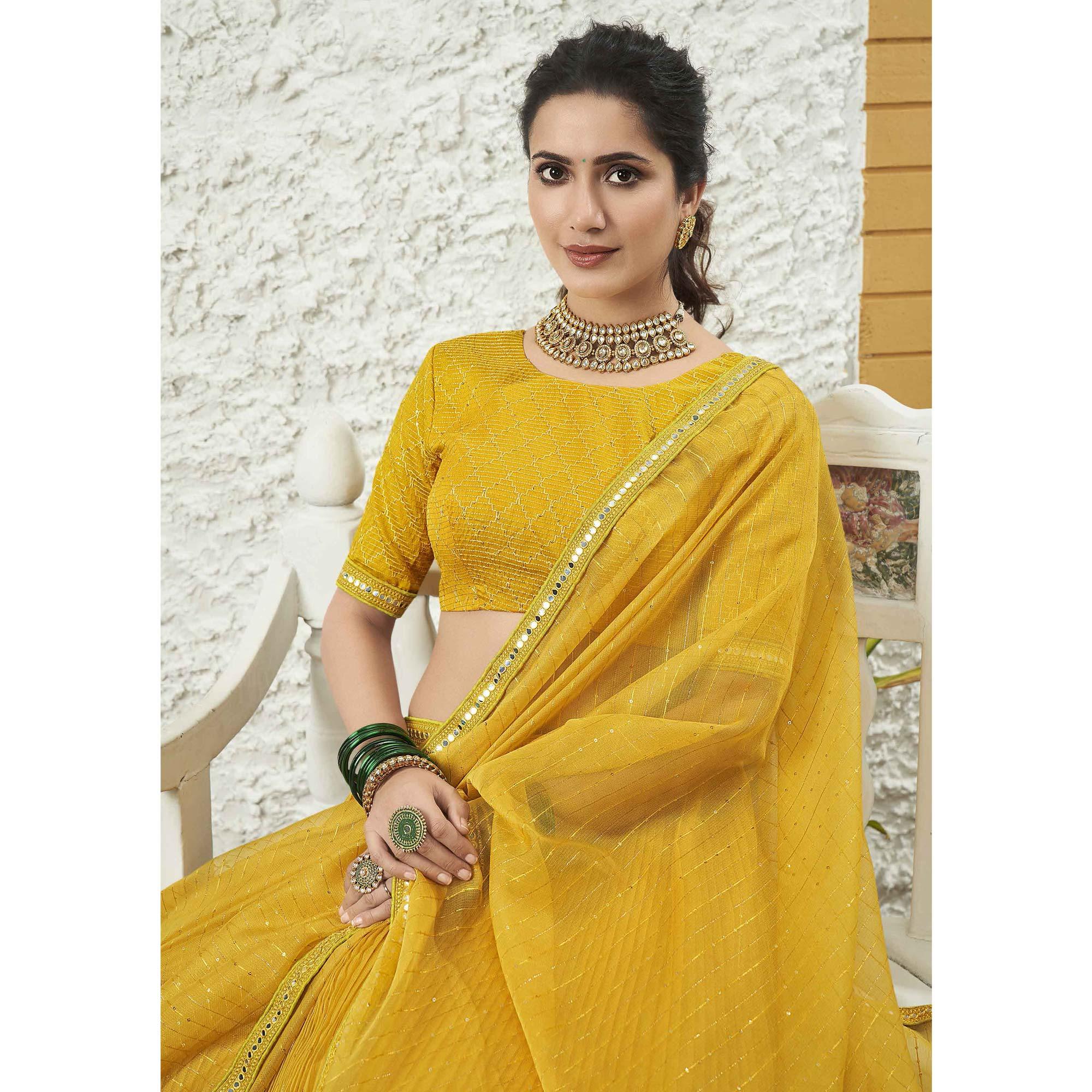 Mustard-Yellow Partywear Zari Sequence Embroidered Organza Lehenga Choli - Peachmode