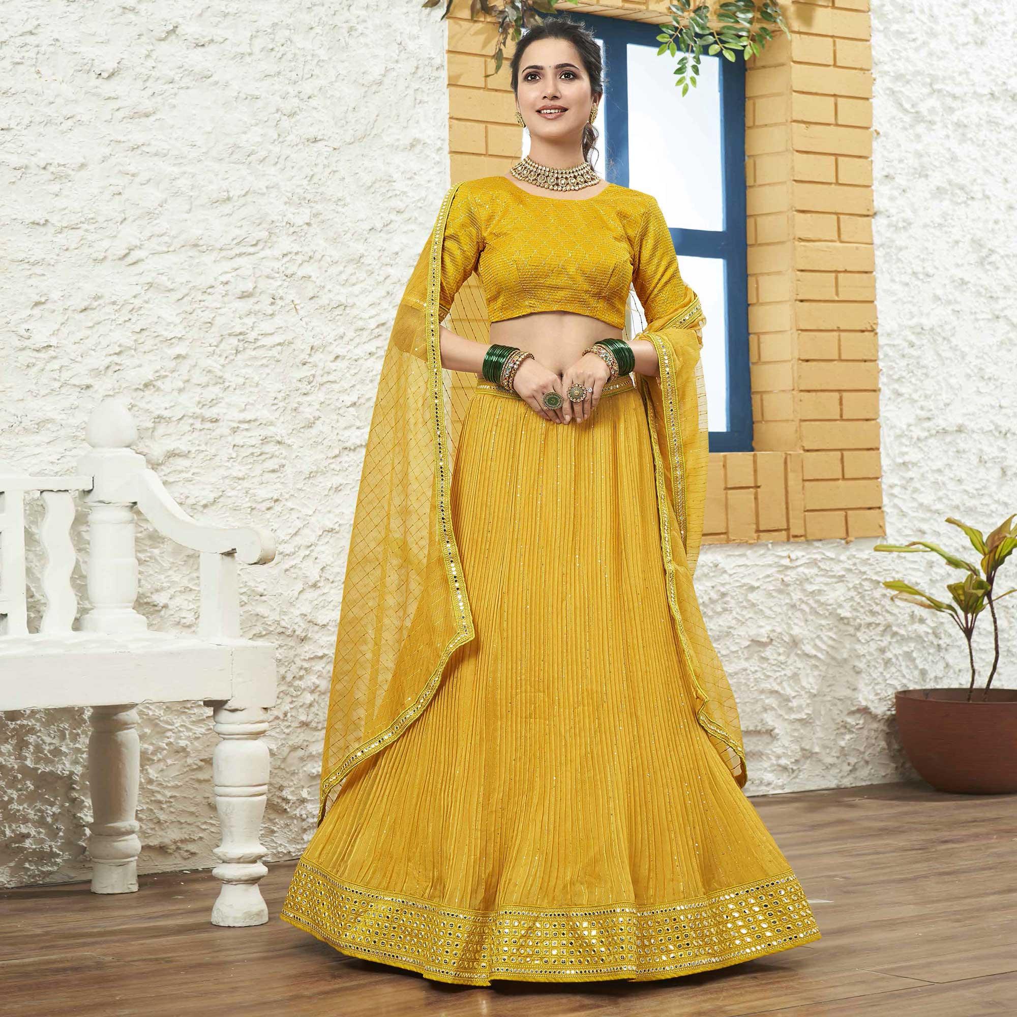 Mustard-Yellow Partywear Zari Sequence Embroidered Organza Lehenga Choli - Peachmode