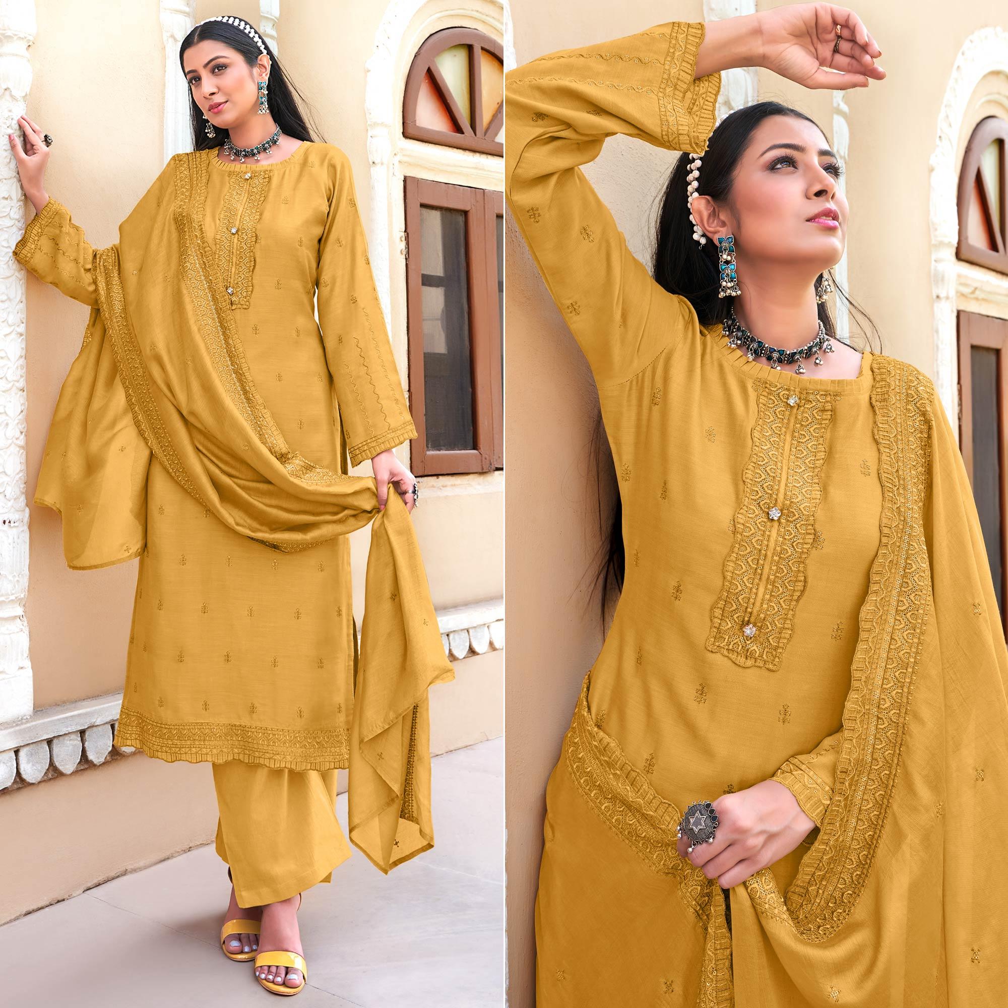 Mustard-Yellow Sequence Floral Embroidered Muslin Suit - Peachmode