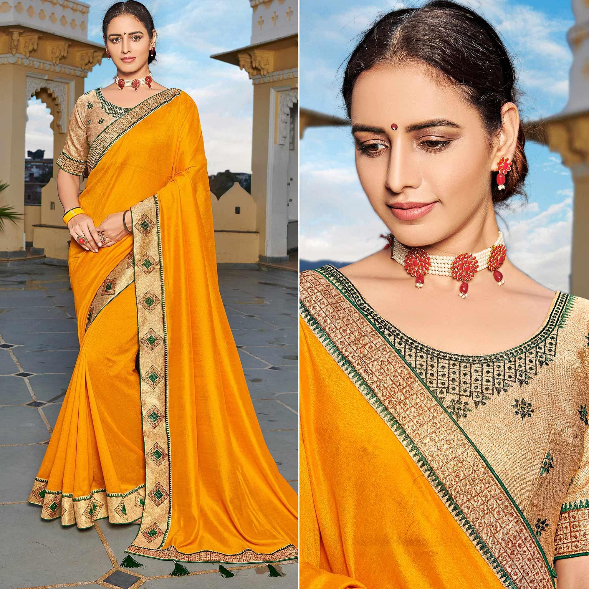 Mustard Yellow Solid-Embroidered Border Vichitra Silk Saree With Tassels - Peachmode