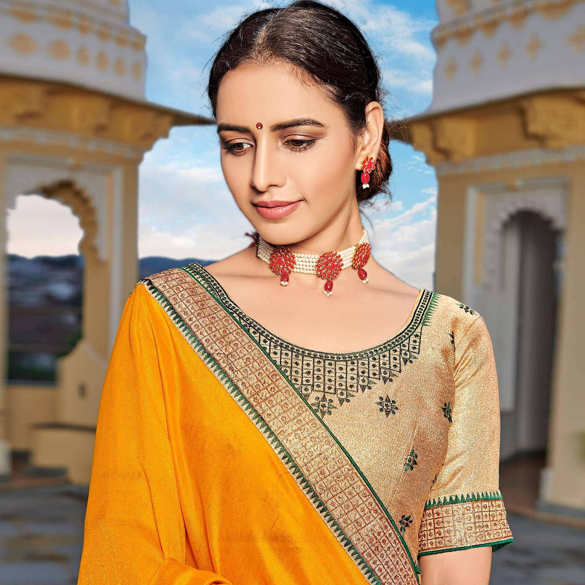 Mustard Yellow Solid-Embroidered Border Vichitra Silk Saree With Tassels - Peachmode