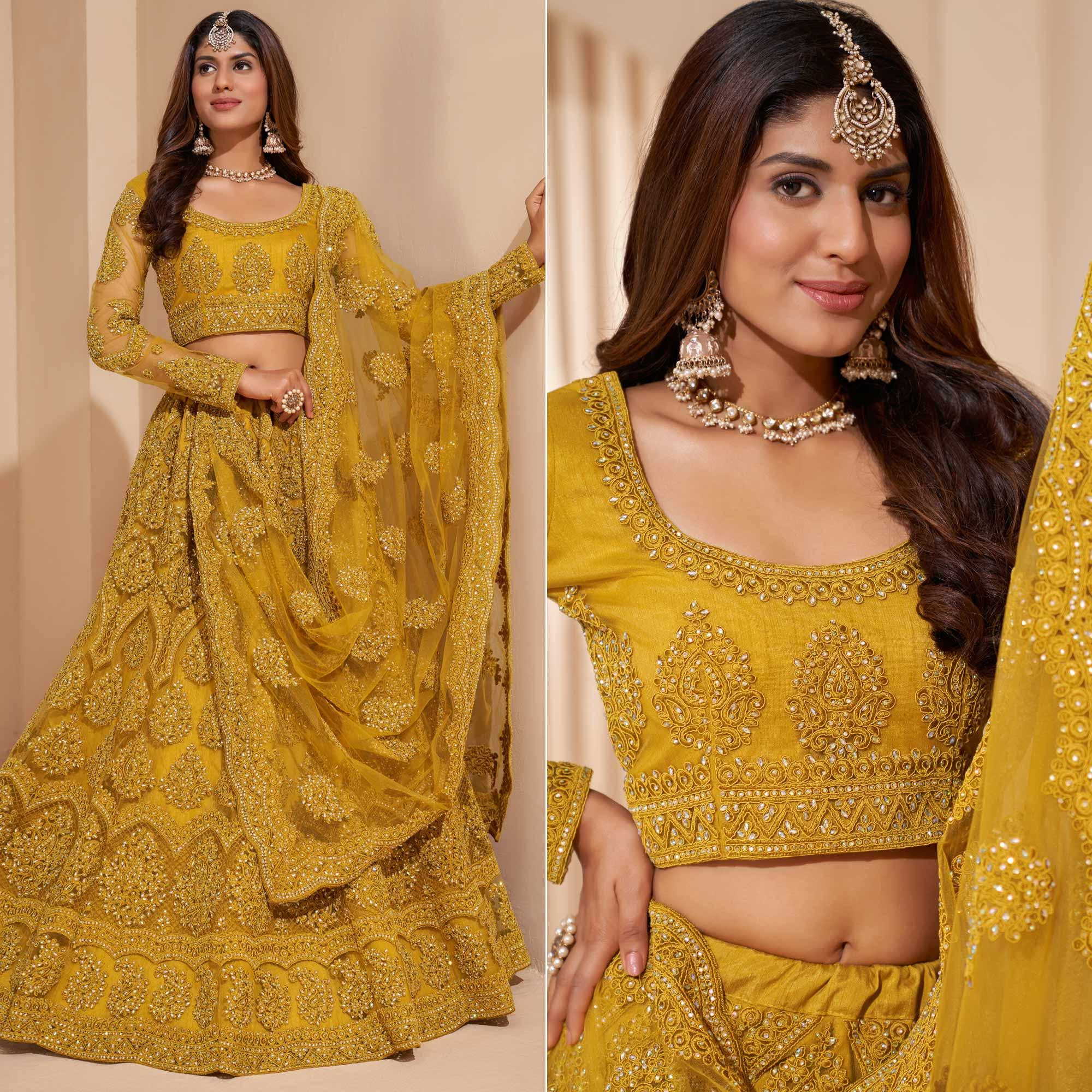 Mustard-Yellow Wedding Wear Embroidered With Embellished Net Lehenga Choli - Peachmode