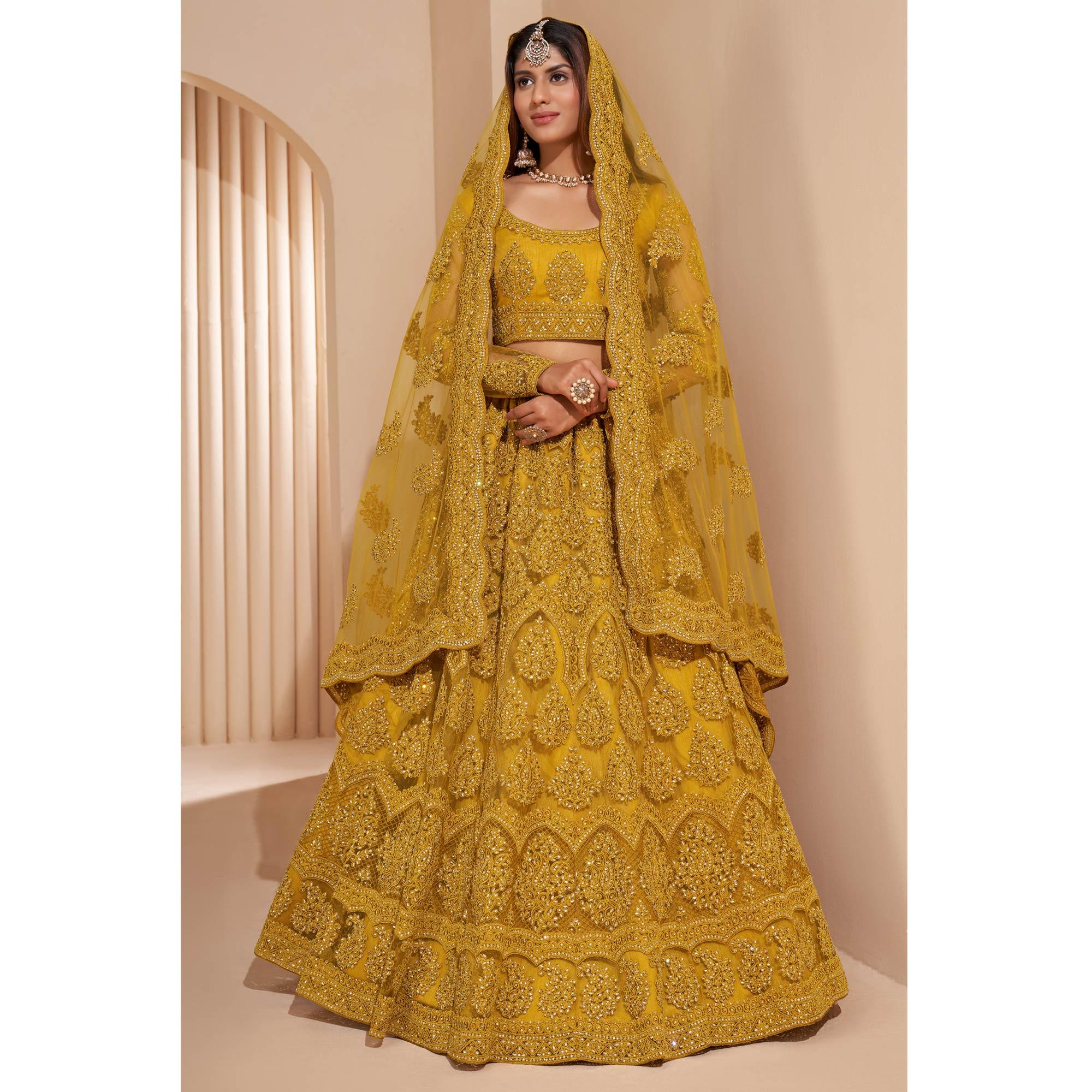 Mustard-Yellow Wedding Wear Embroidered With Embellished Net Lehenga Choli - Peachmode