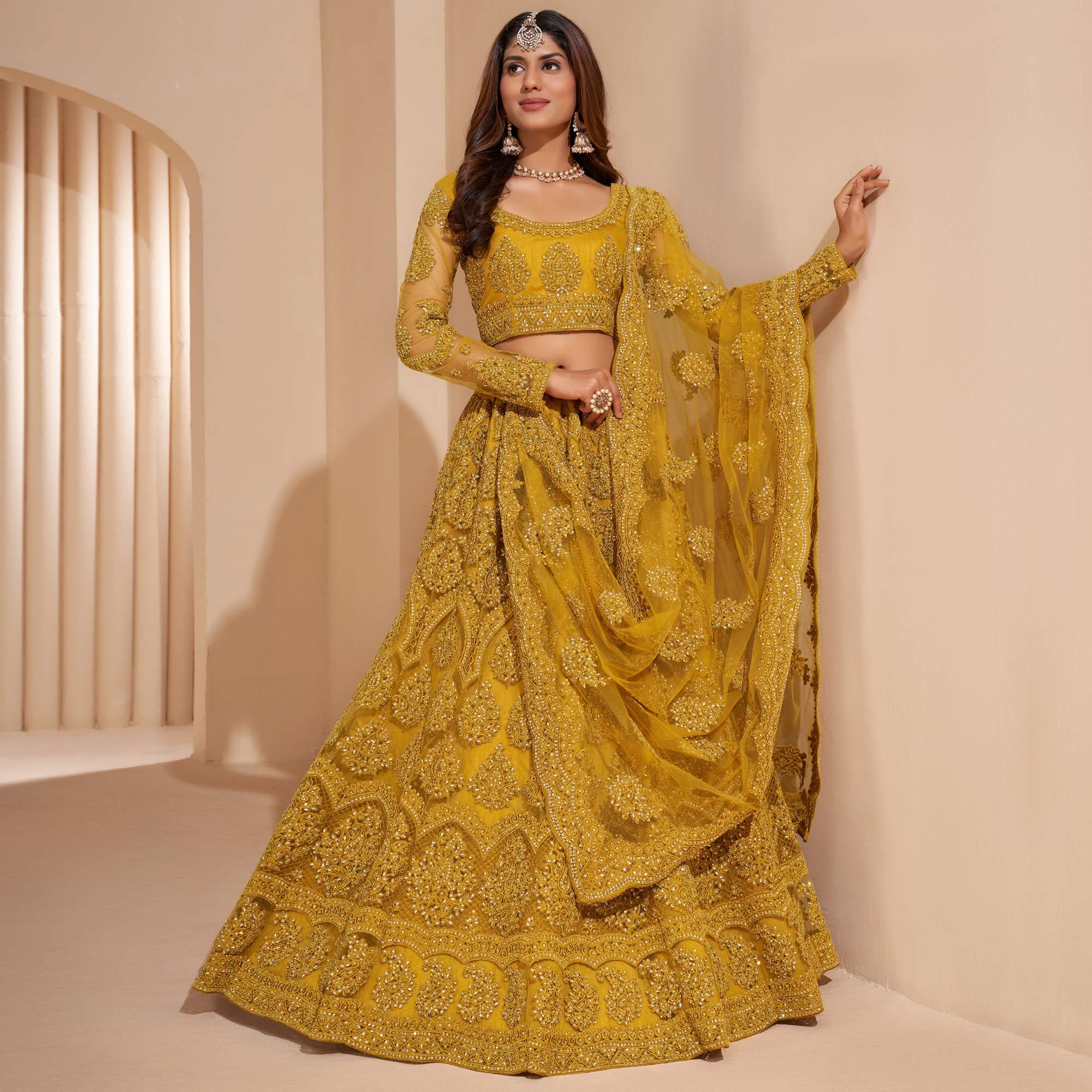 Mustard-Yellow Wedding Wear Embroidered With Embellished Net Lehenga Choli - Peachmode