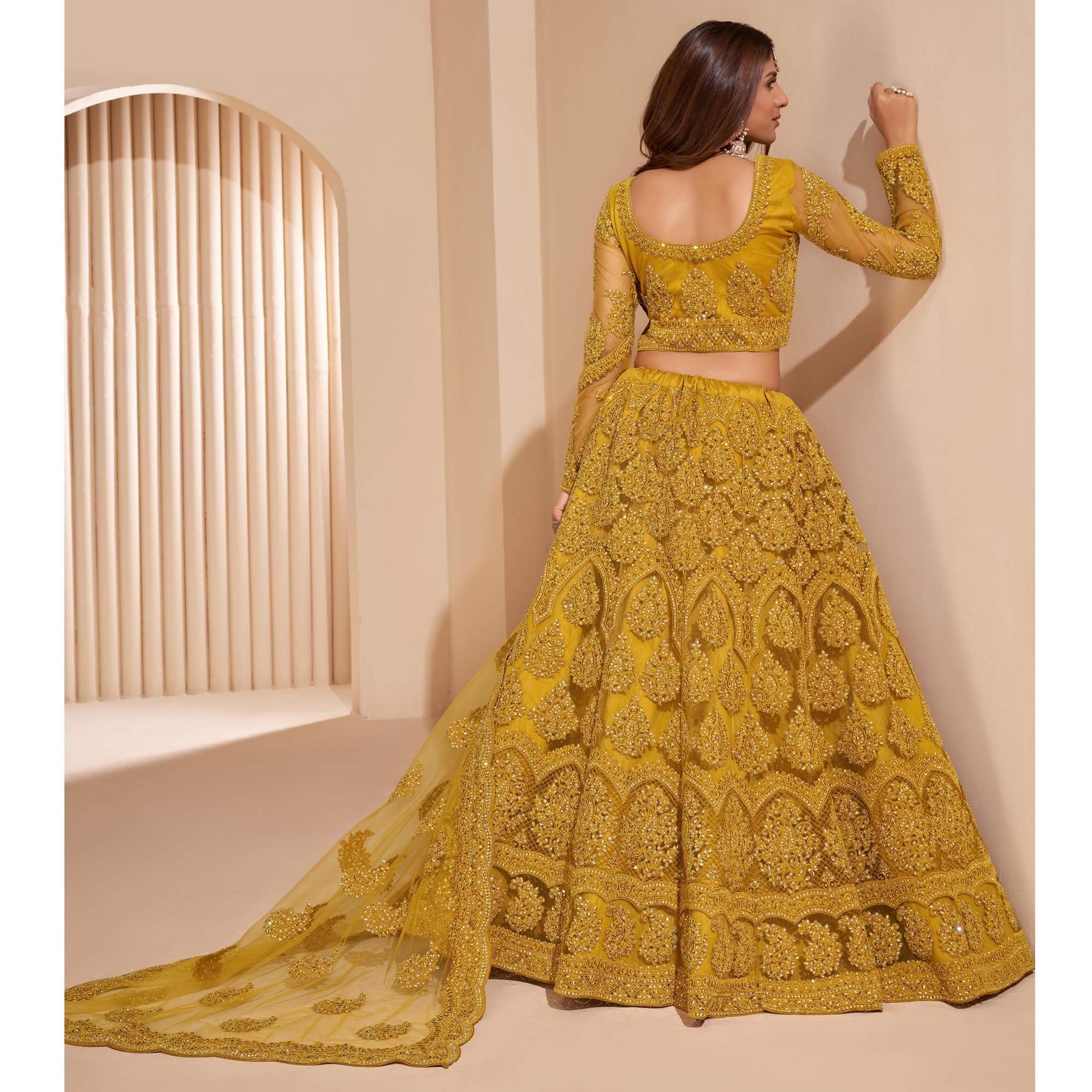 Mustard-Yellow Wedding Wear Embroidered With Embellished Net Lehenga Choli - Peachmode