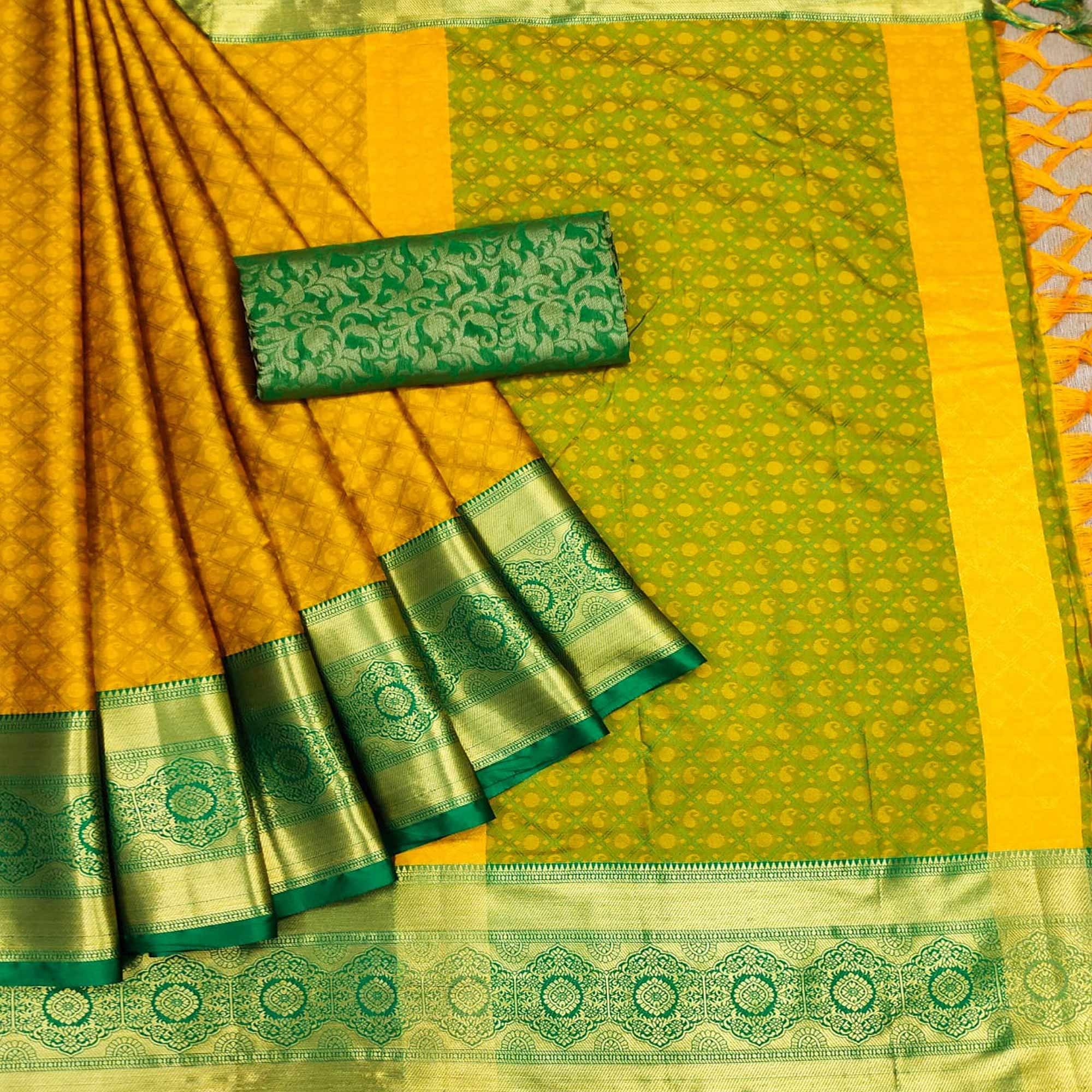 Mustard-Yellow Woven Cotton Silk Saree - Peachmode