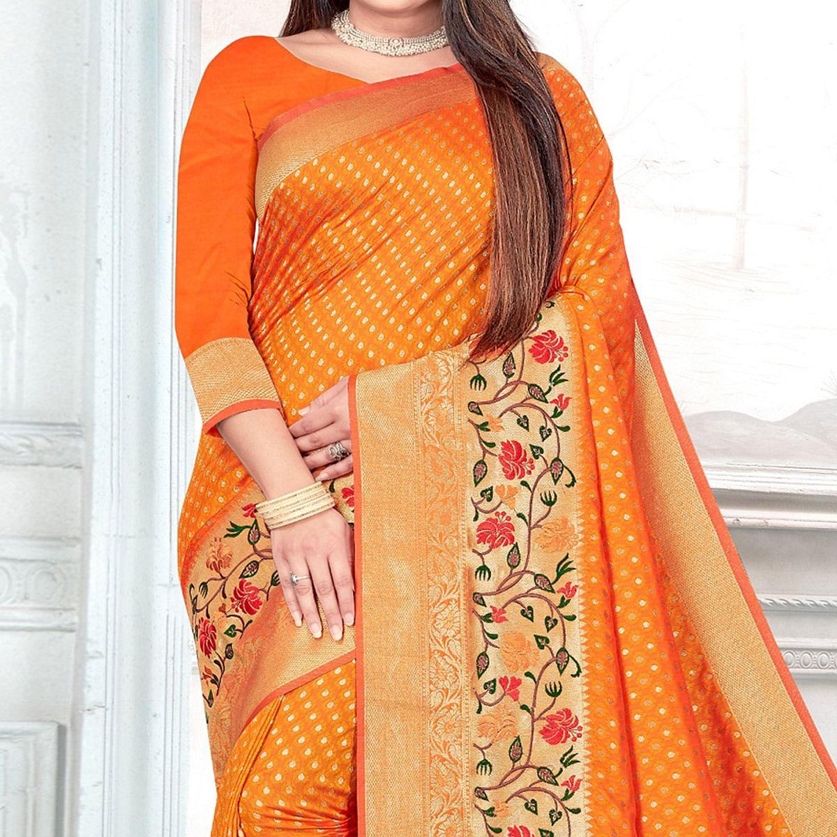 Mustard-Yellow Woven Cotton Silk Saree - Peachmode