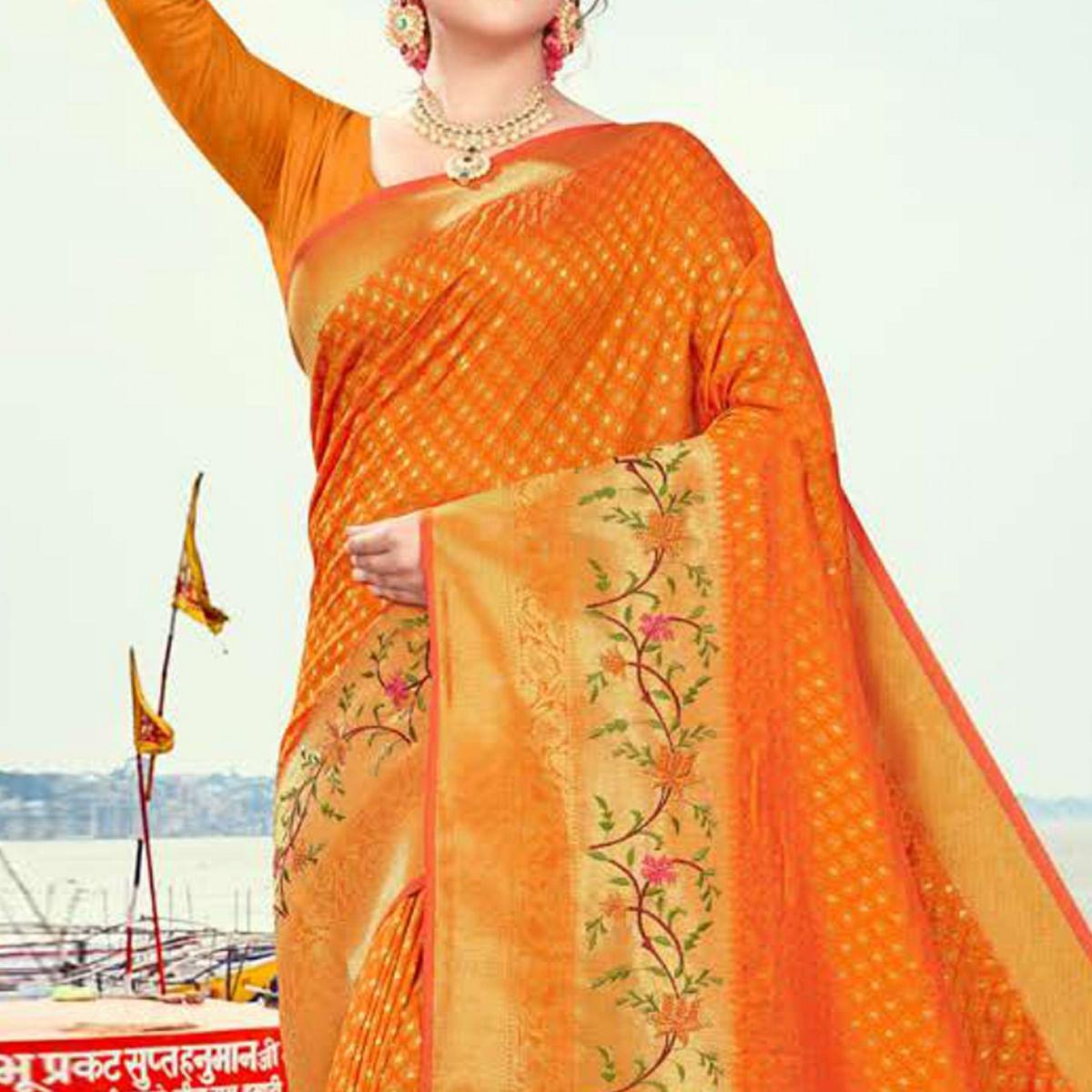 Mustard-Yellow Woven Cotton Silk Saree - Peachmode