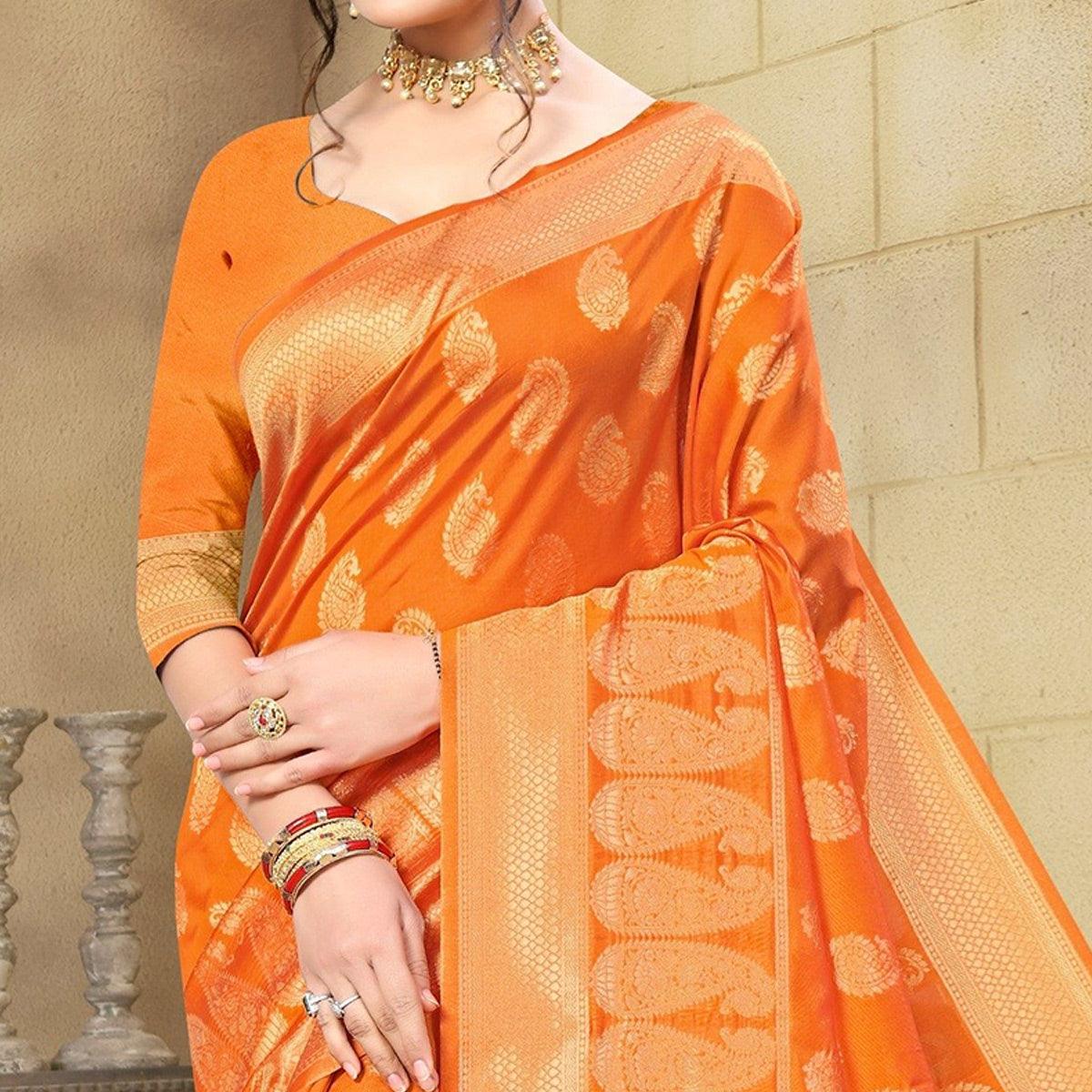 Mustard-Yellow Woven Cotton Silk Saree - Peachmode