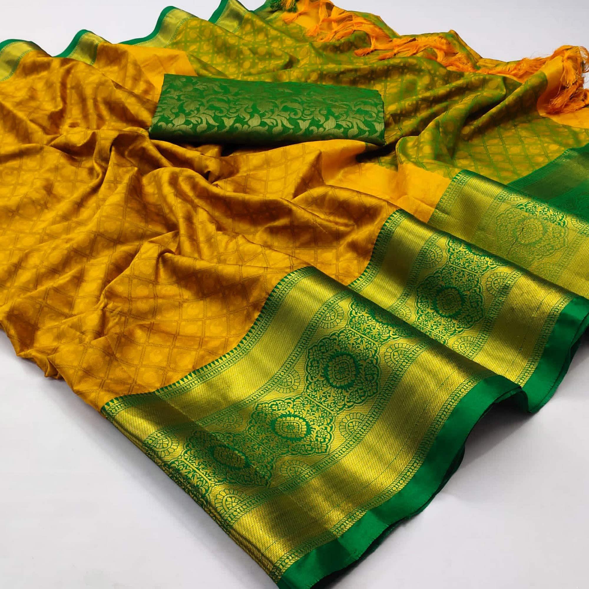 Mustard-Yellow Woven Cotton Silk Saree - Peachmode