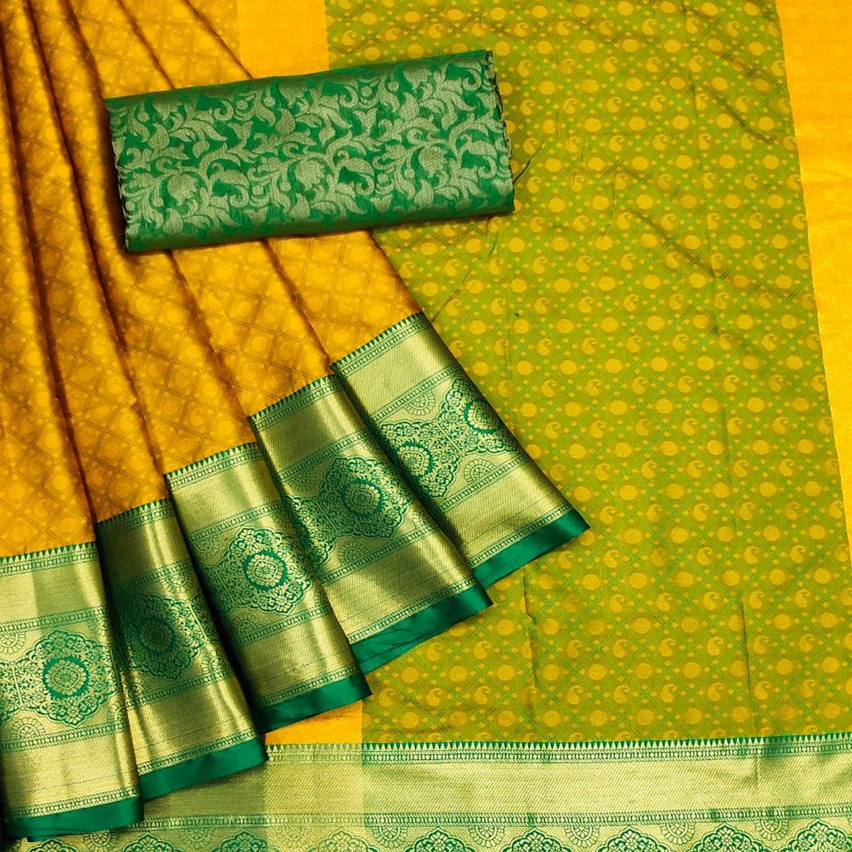 Mustard-Yellow Woven Cotton Silk Saree - Peachmode