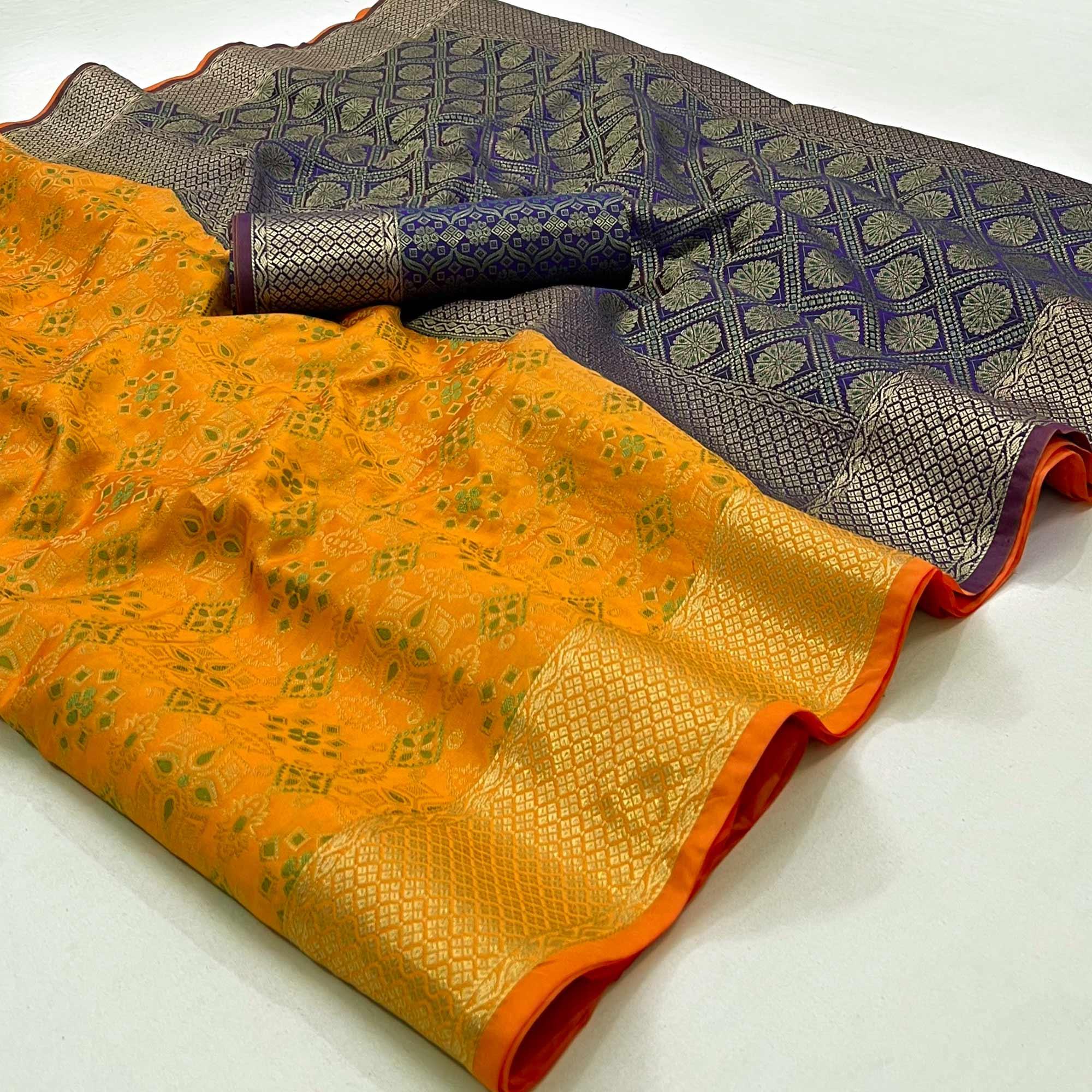 Mustard-Yellow Woven Patola Art Silk Saree - Peachmode