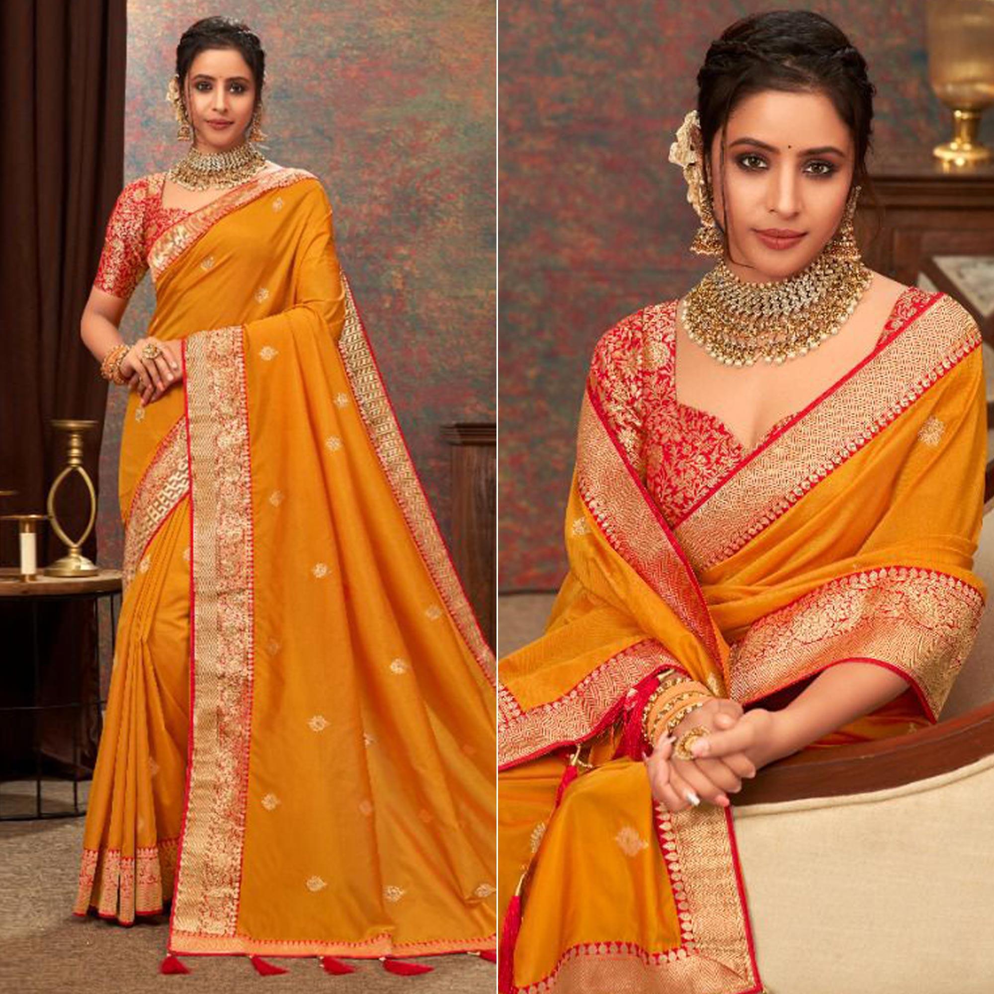 Mustard Yellow Woven Pure Silk Saree With Tassels - Peachmode