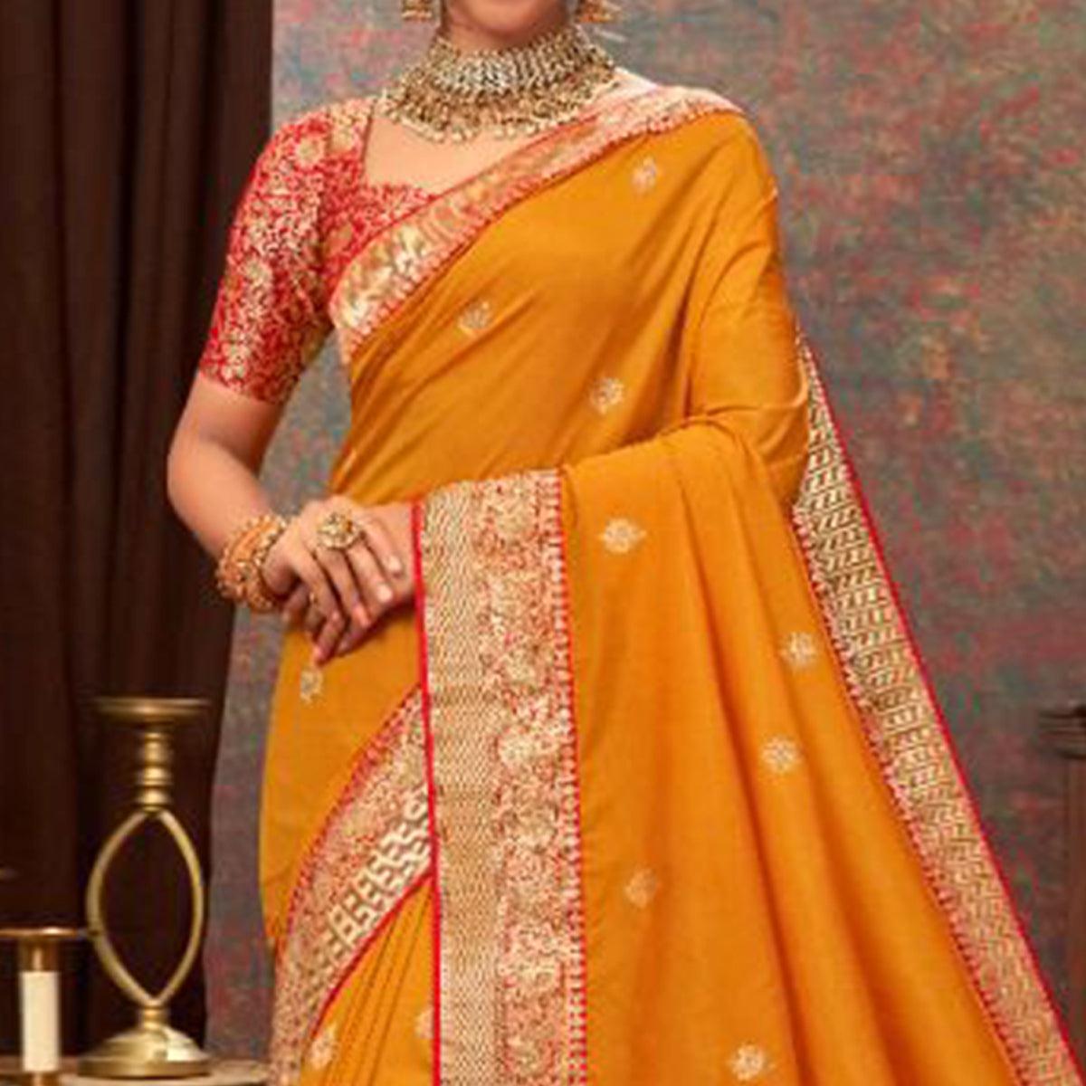 Mustard Yellow Woven Pure Silk Saree With Tassels - Peachmode