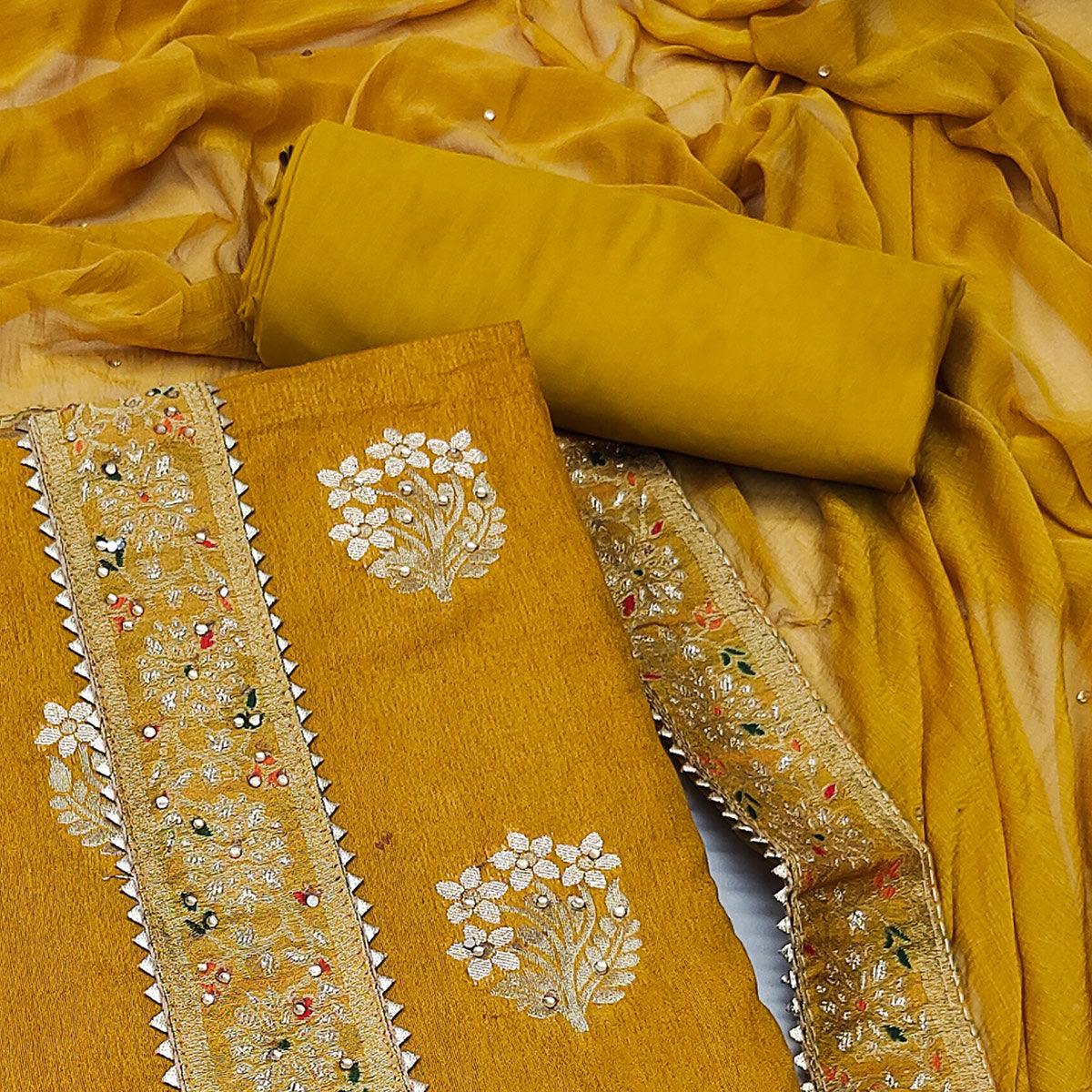 Mustard-Yellow Woven With Embellished Jacquard Dress Material - Peachmode