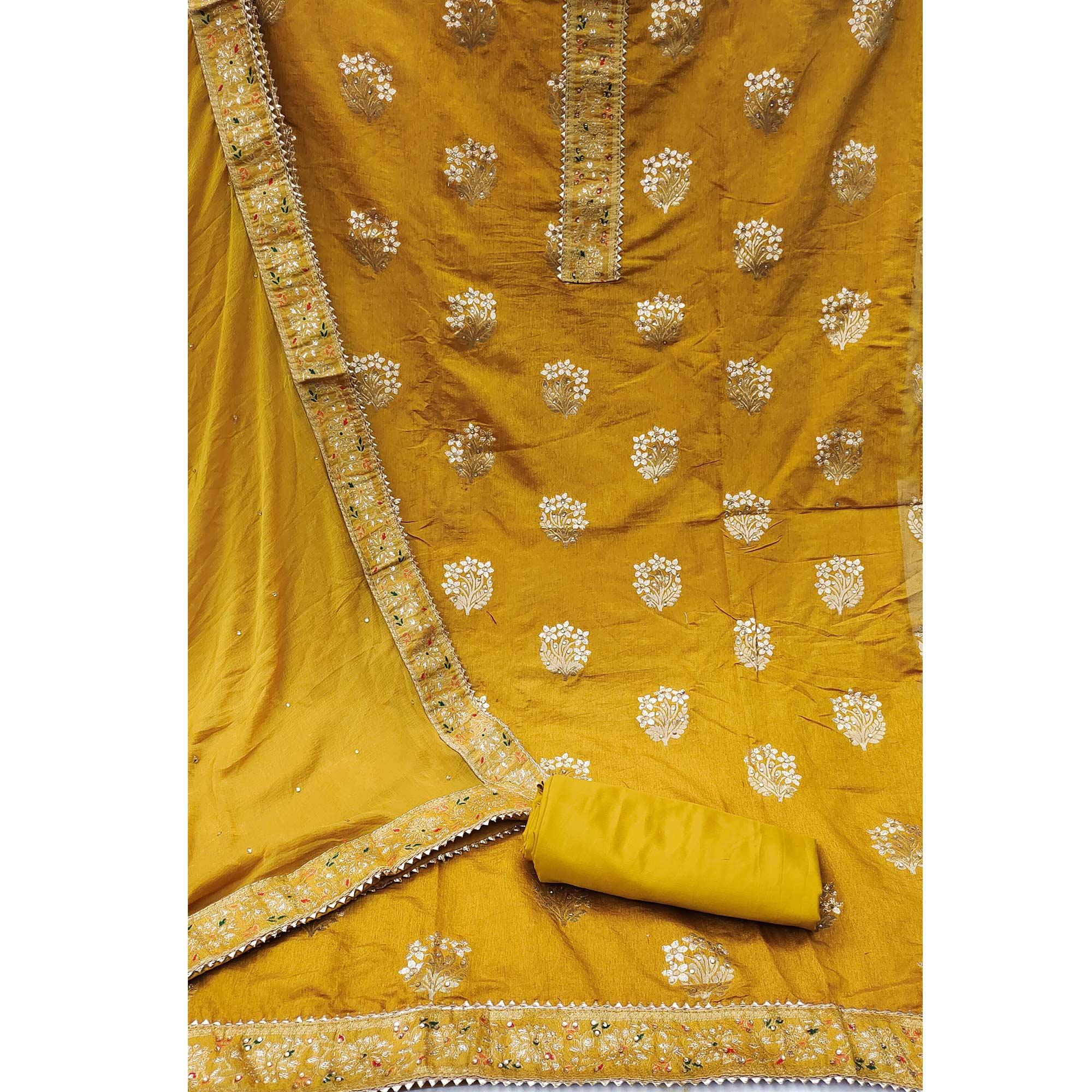 Mustard-Yellow Woven With Embellished Jacquard Dress Material - Peachmode